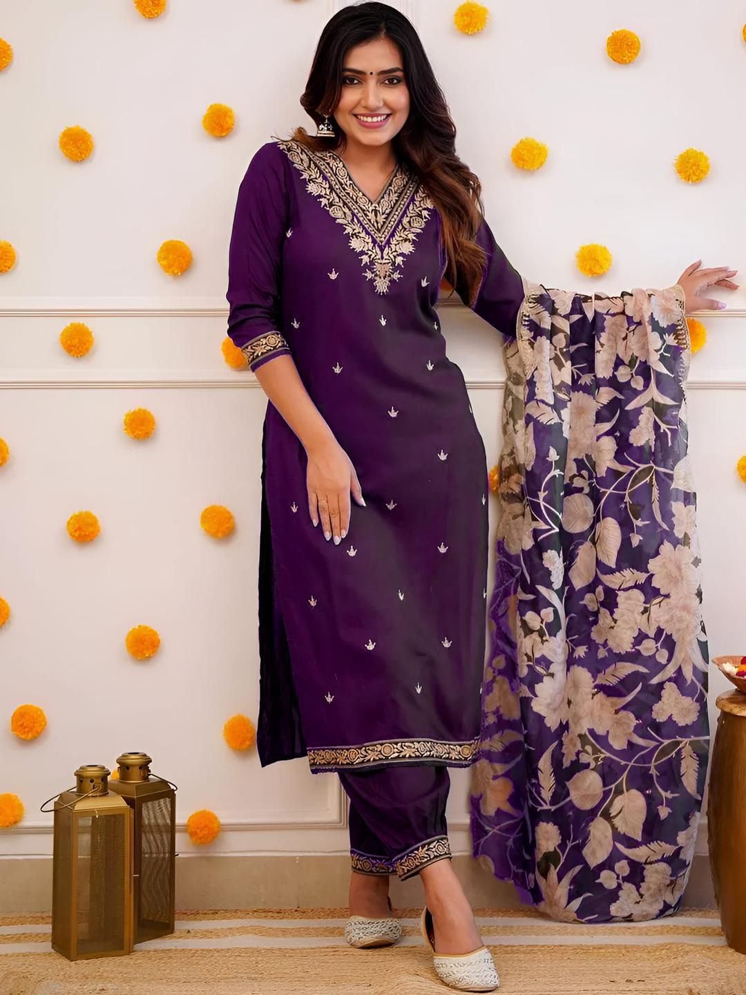 SUPPAR SLEAVE Purple Poly Chanderi Kurta Sets