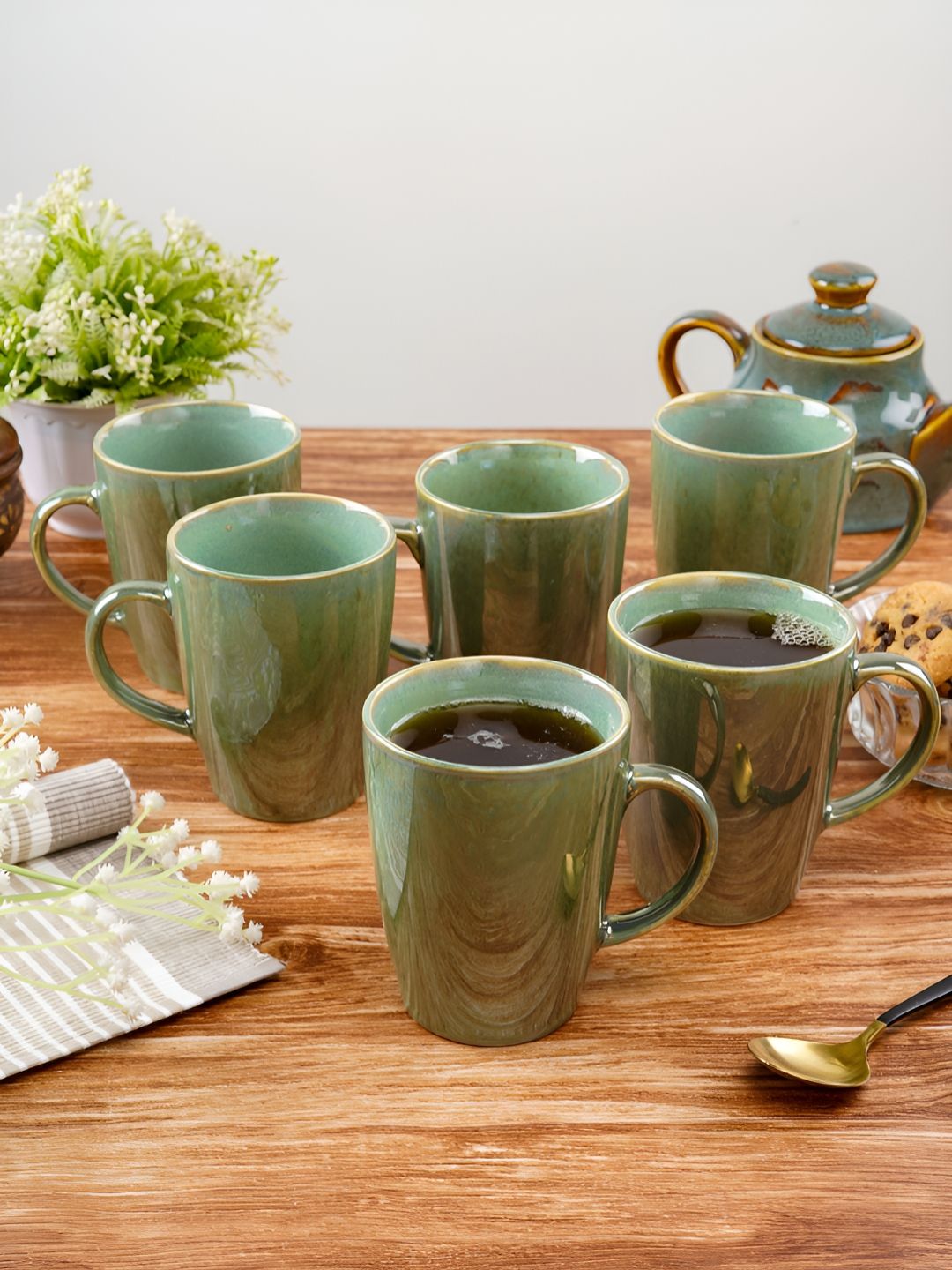 CDI Green & Brown 6 Pieces Ceramic Glossy Mugs 280ml