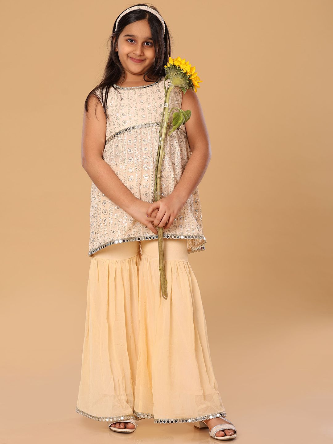 The Mini Trunk Girls Floral Embroidered Regular Mirror Work Kurta with Sharara-picture-32
