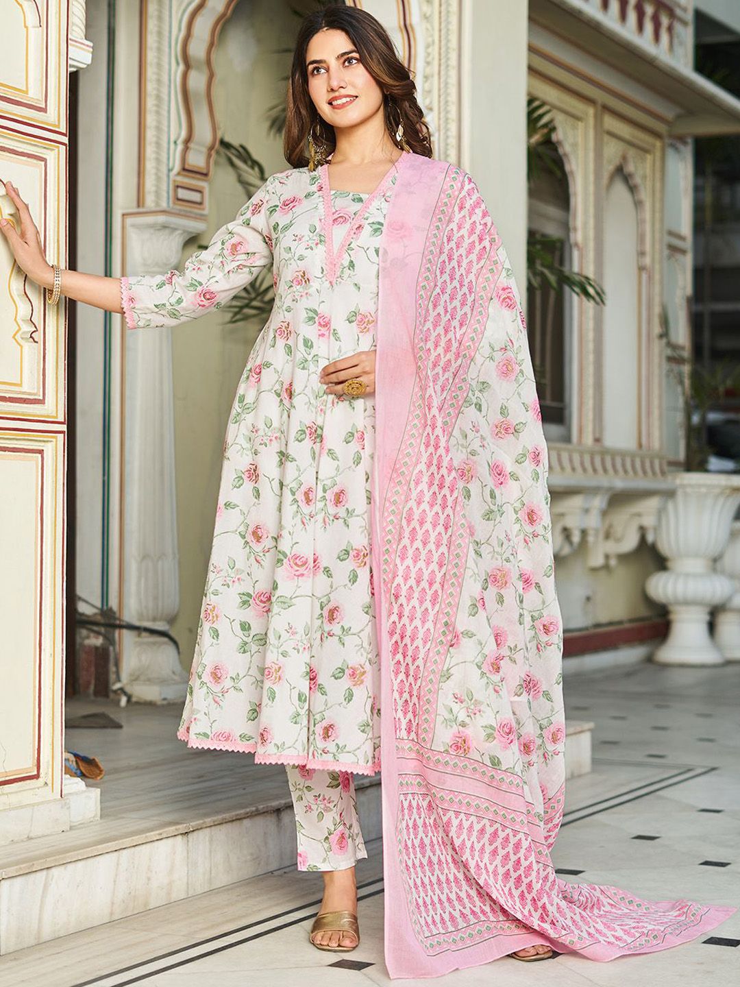 TRAHIMAM Floral Printed Pure Cotton V-Neck Anarkali Kurta With Trousers And Dupatta