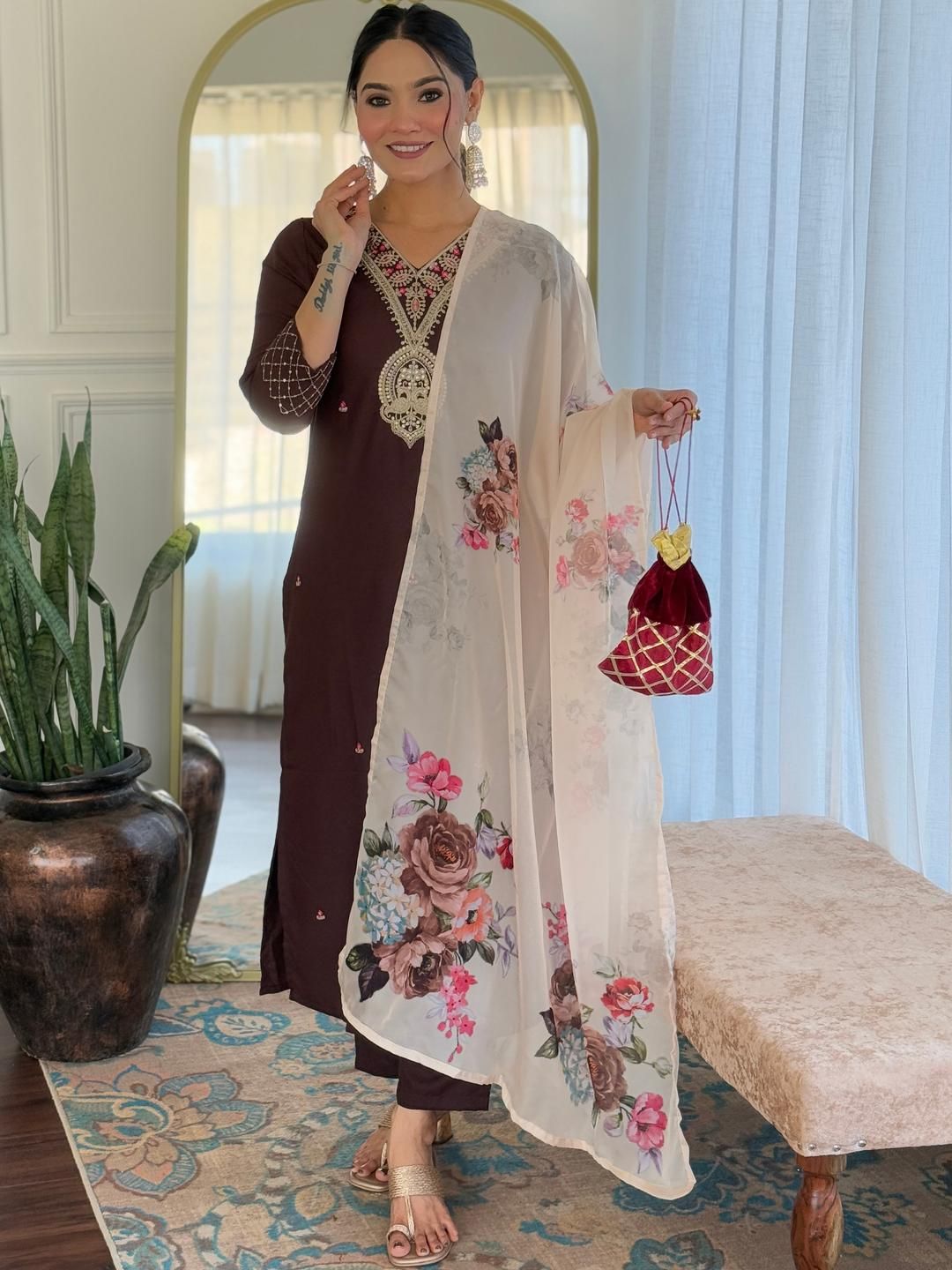 CaniBani Brown Viscose Rayon Kurta Sets