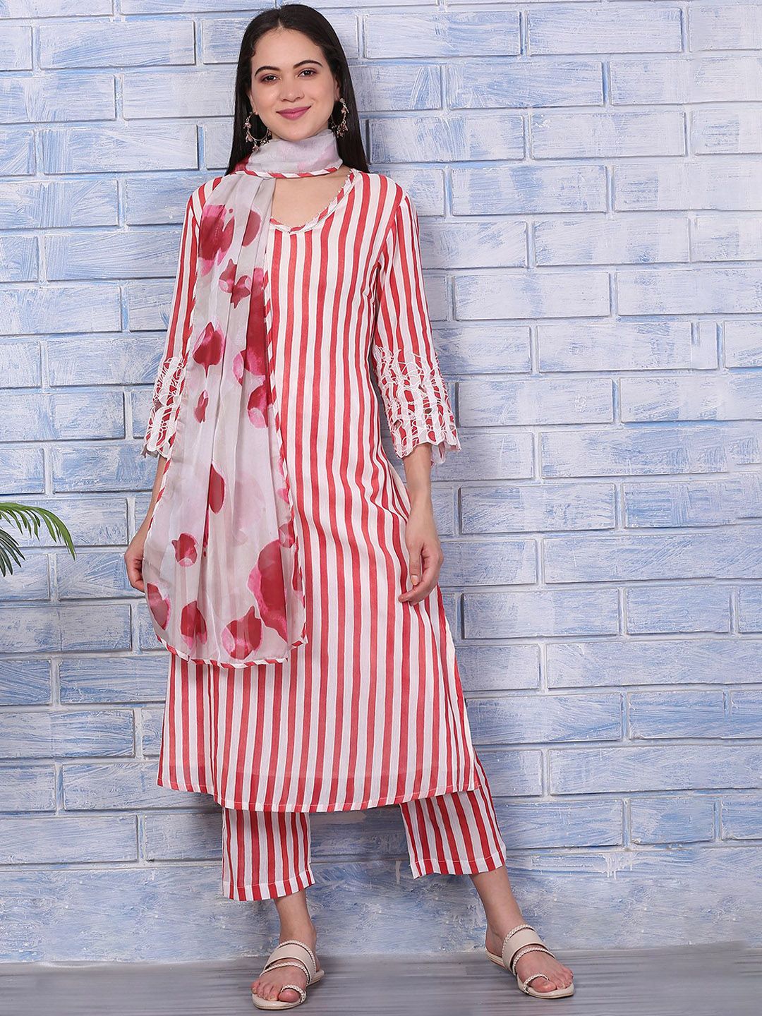 W Striped Regular Pure Cotton V-Neck Straight Kurta With Trousers & Dupatta-picture-11