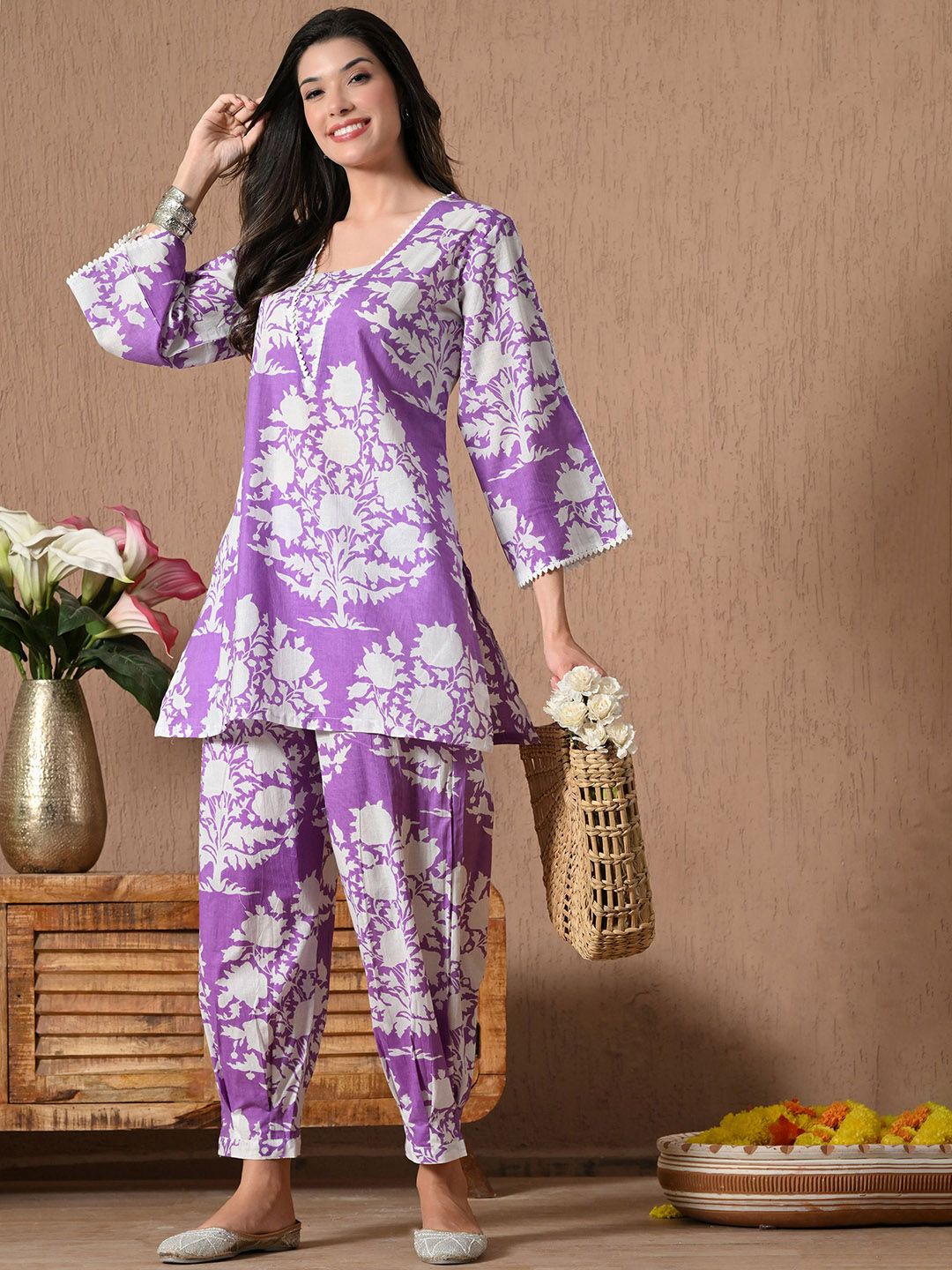 Laado - Pamper Yourself Floral Printed Square Neck Pure Cotton A-line Kurta With Salwar