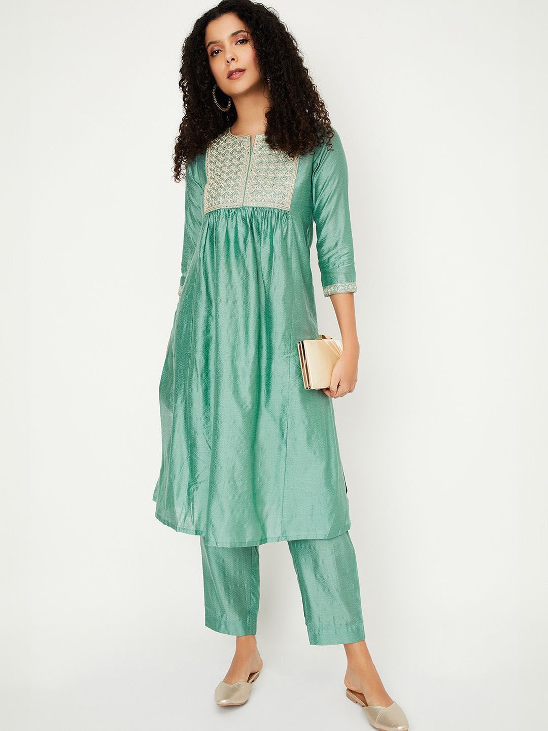 max Ethnic Motifs Yoke Design Notch Neck A-Line Kurta With Trouser