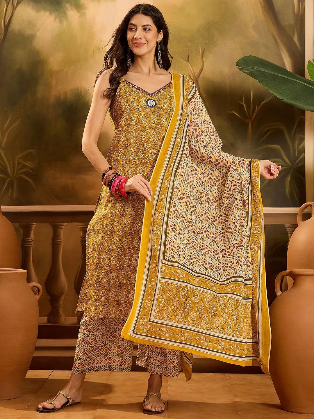 Stylum Floral Printed V-Neck Screen Mirror Work Pure Cotton Kurta With Palazzos & Dupatta