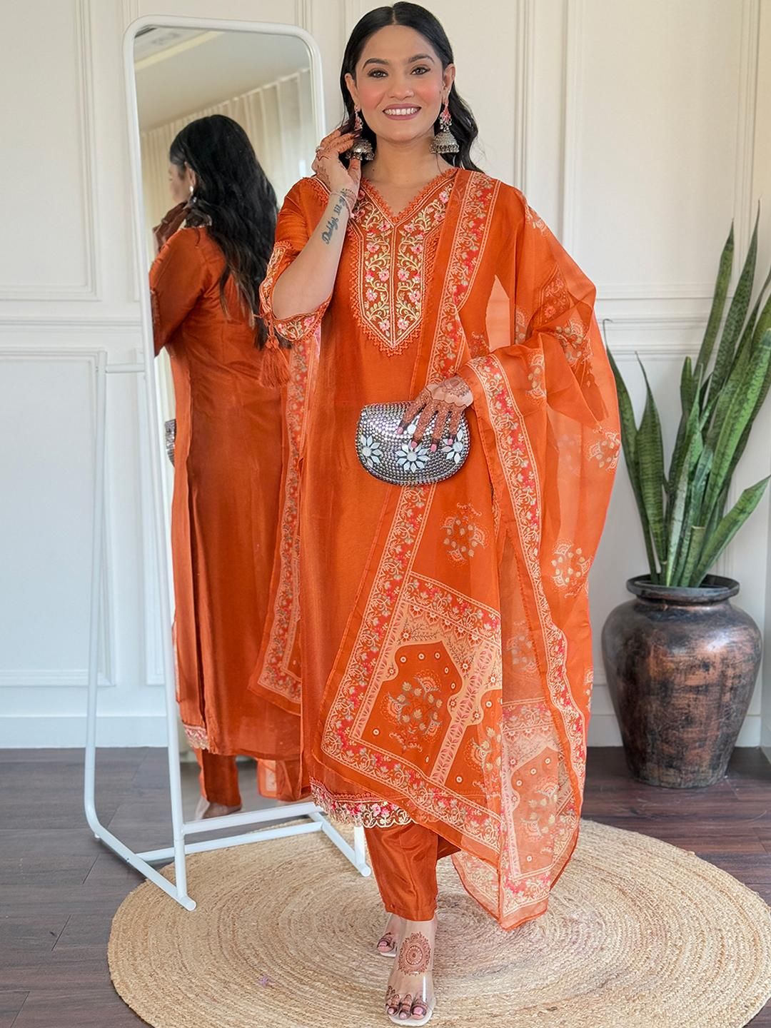 CaniBani Orange Chanderi Silk Kurta Sets