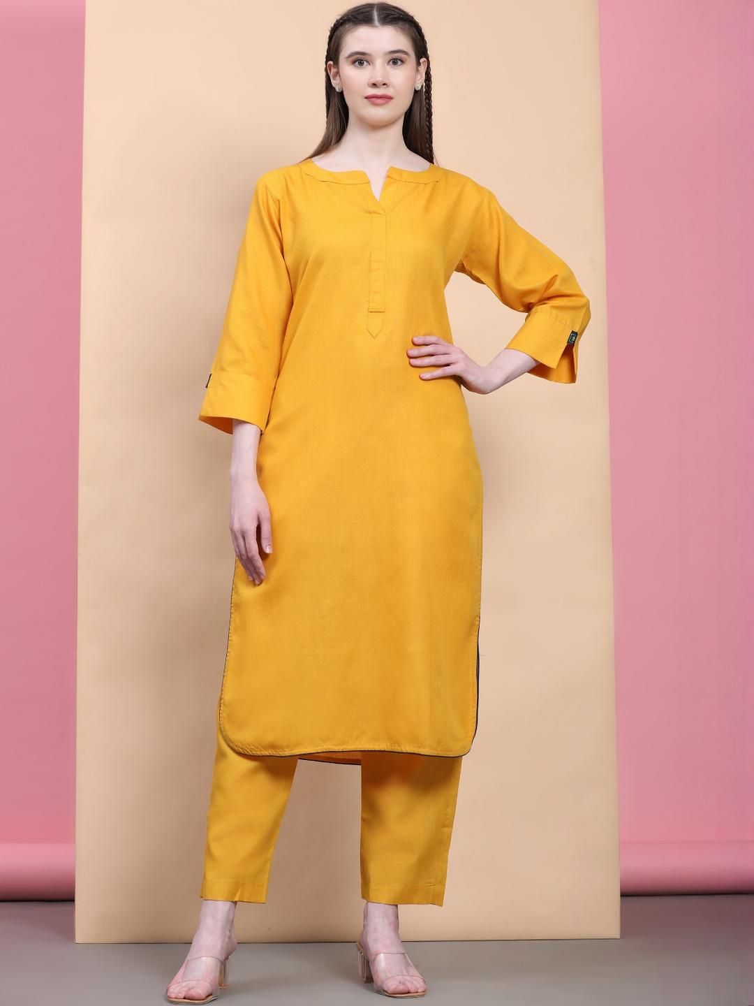 itora Yellow Cotton Blend Kurta Sets