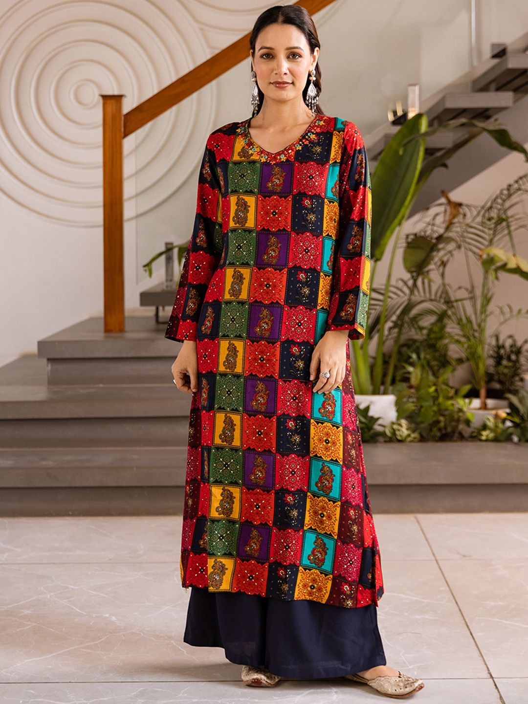 KALINI Ethnic Motifs Embroidered Mirror Work V-Neck Straight Kurta With Palazzos
