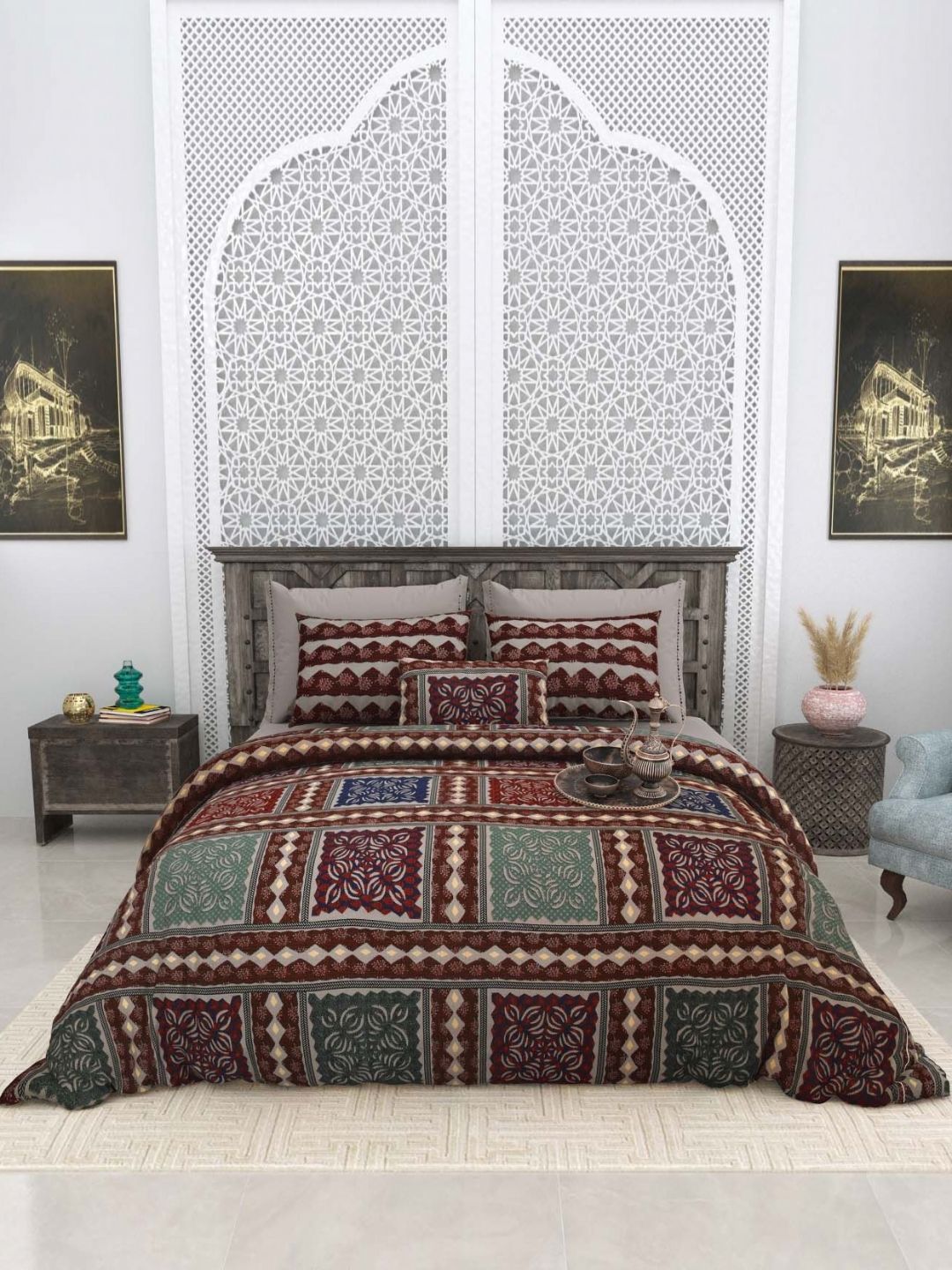 Aura Brown & Blue Ethnic Motifs 180 TC King Bedsheet with 2 Pillow Covers-picture-25