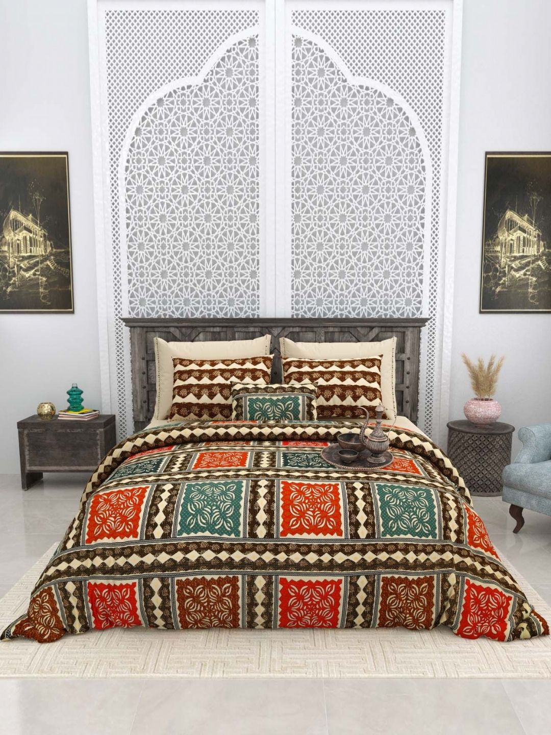Aura Orange & Brown Ethnic Motifs 180 TC King Bedsheet with 2 Pillow Covers-picture-21