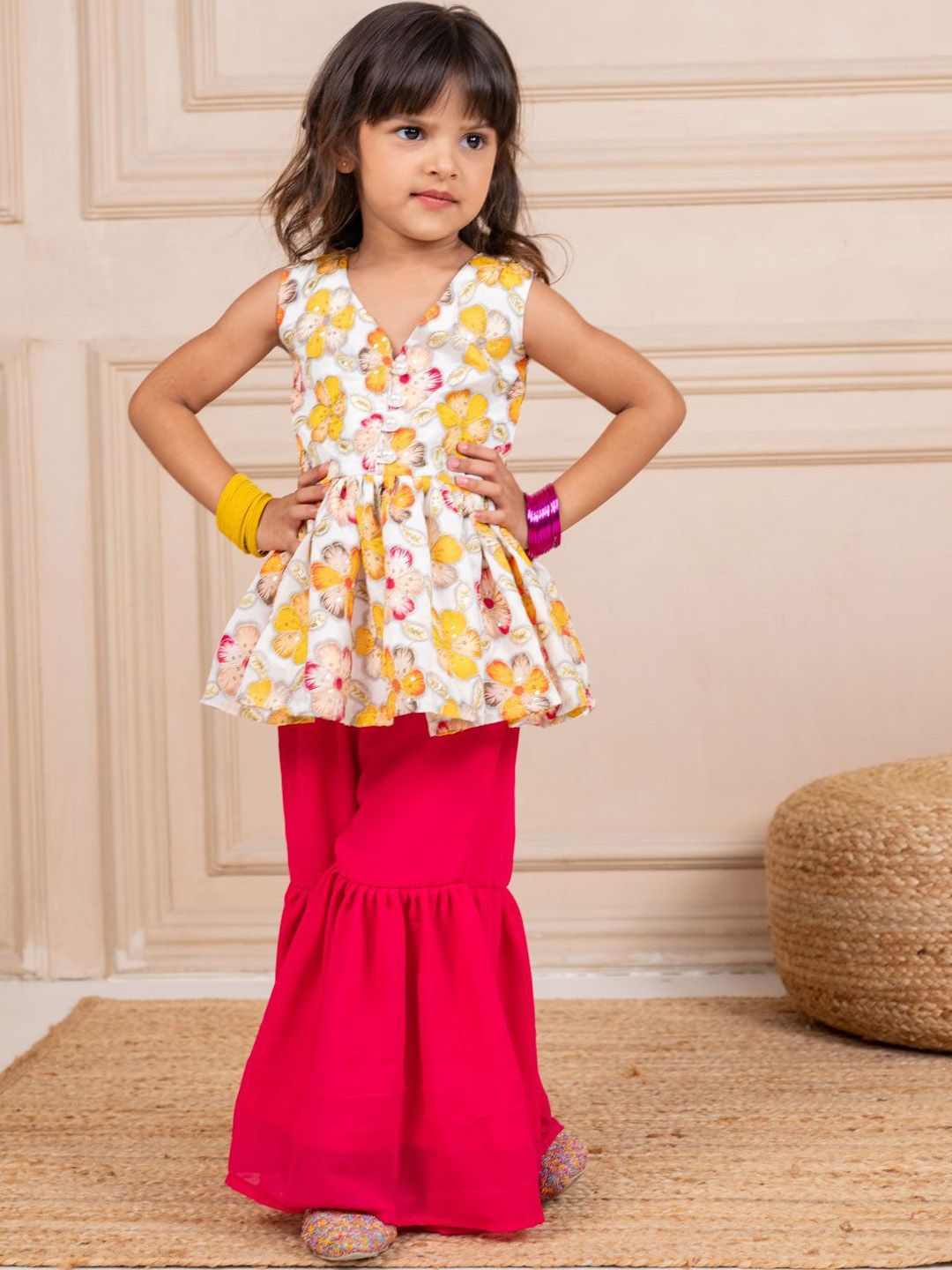 Jilmil Girls Floral Printed V Neck Sequinned Kurta With Sharara-picture-20