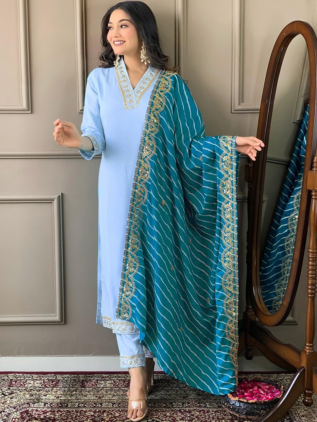 CaniBani Turquoise Blue Silk Blend Kurta Sets