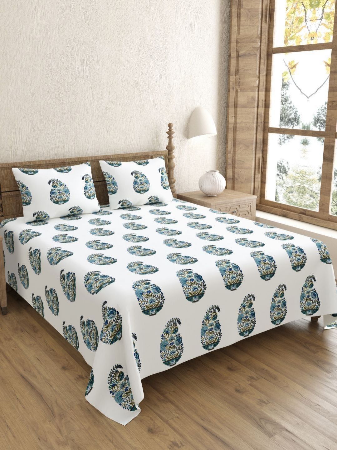 Myntra Elegant Homes Turquoise Blue Floral Cotton 250 TC King Bedsheet Set 2.74 m x 2.74 m-picture-40