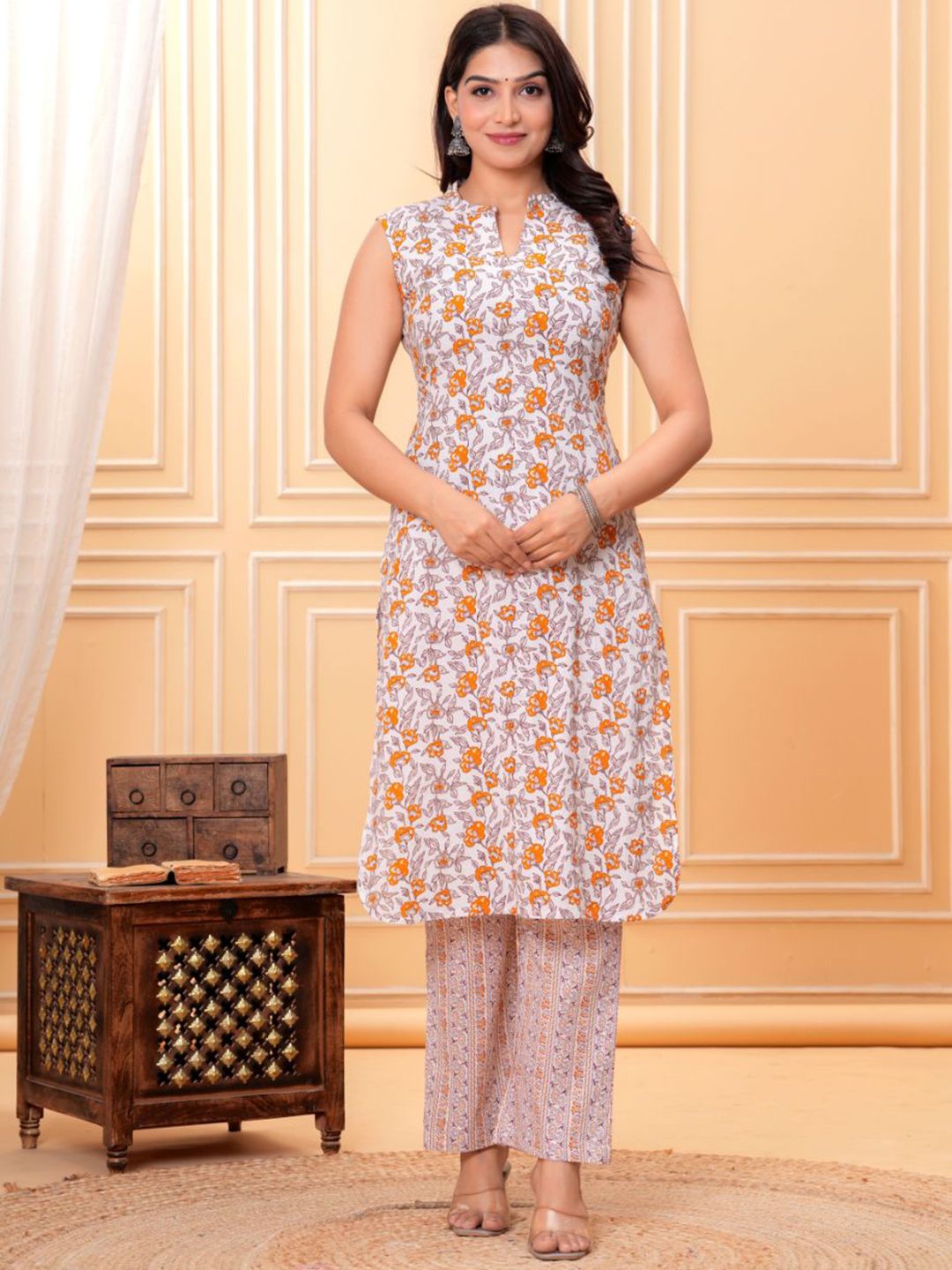 KALINI Floral Printed Mandarin Collar Pure Cotton Straight Kurta With Trousers