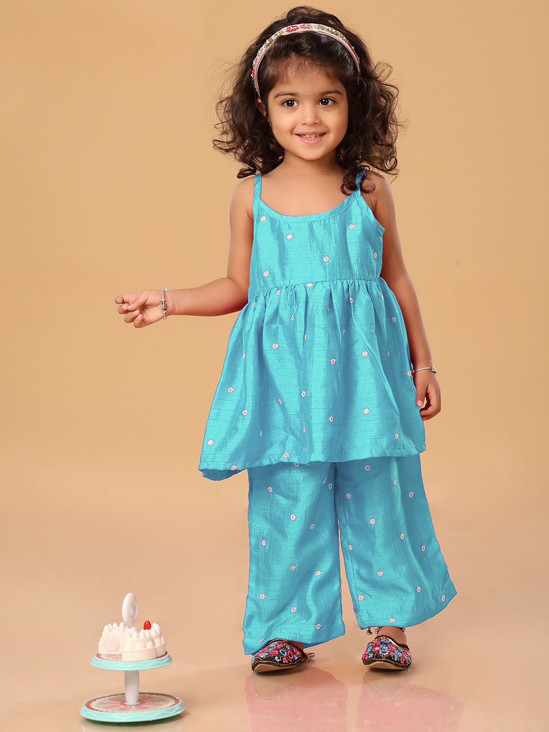 The Mini Trunk Girls Floral Embroidered Shoulder Straps Empire A-Line Kurti With Palazzos-picture-24