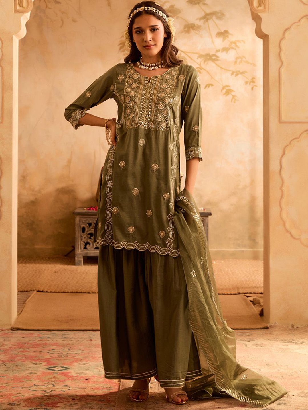 Bani Women Ethnic Motifs Embroidered Kurti with Sharara & Dupatta