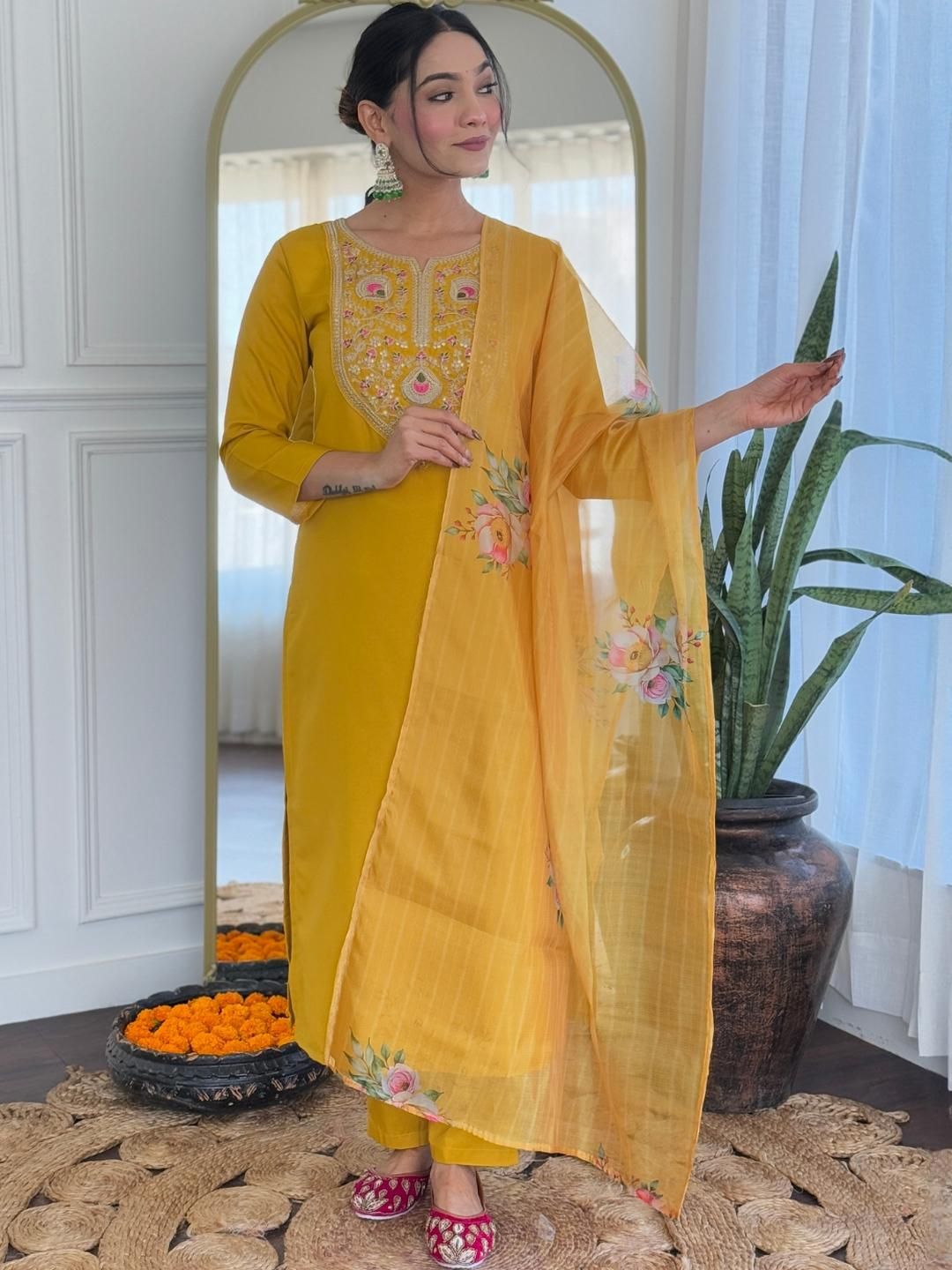 CaniBani Mustard Viscose Rayon Kurta Sets