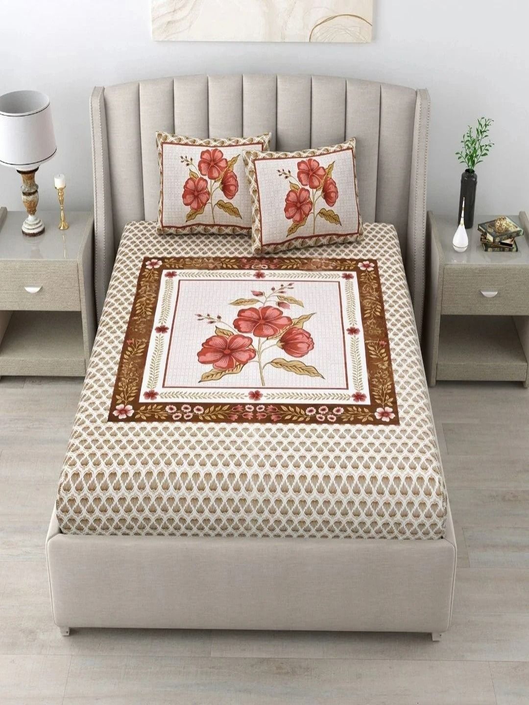 Bombay Spreads Peach-Coloured Printed Cotton 180 TC King Bedsheet Set 2.74 x 2.25 m-picture-33