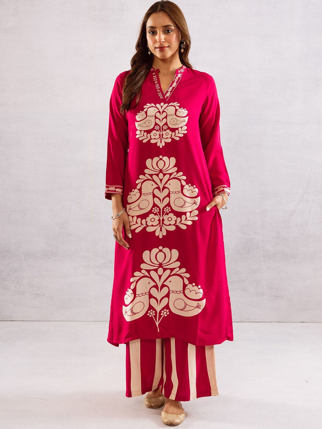 KALINI Floral Printed Mandarin Collar Straight Kurta With Palazzos