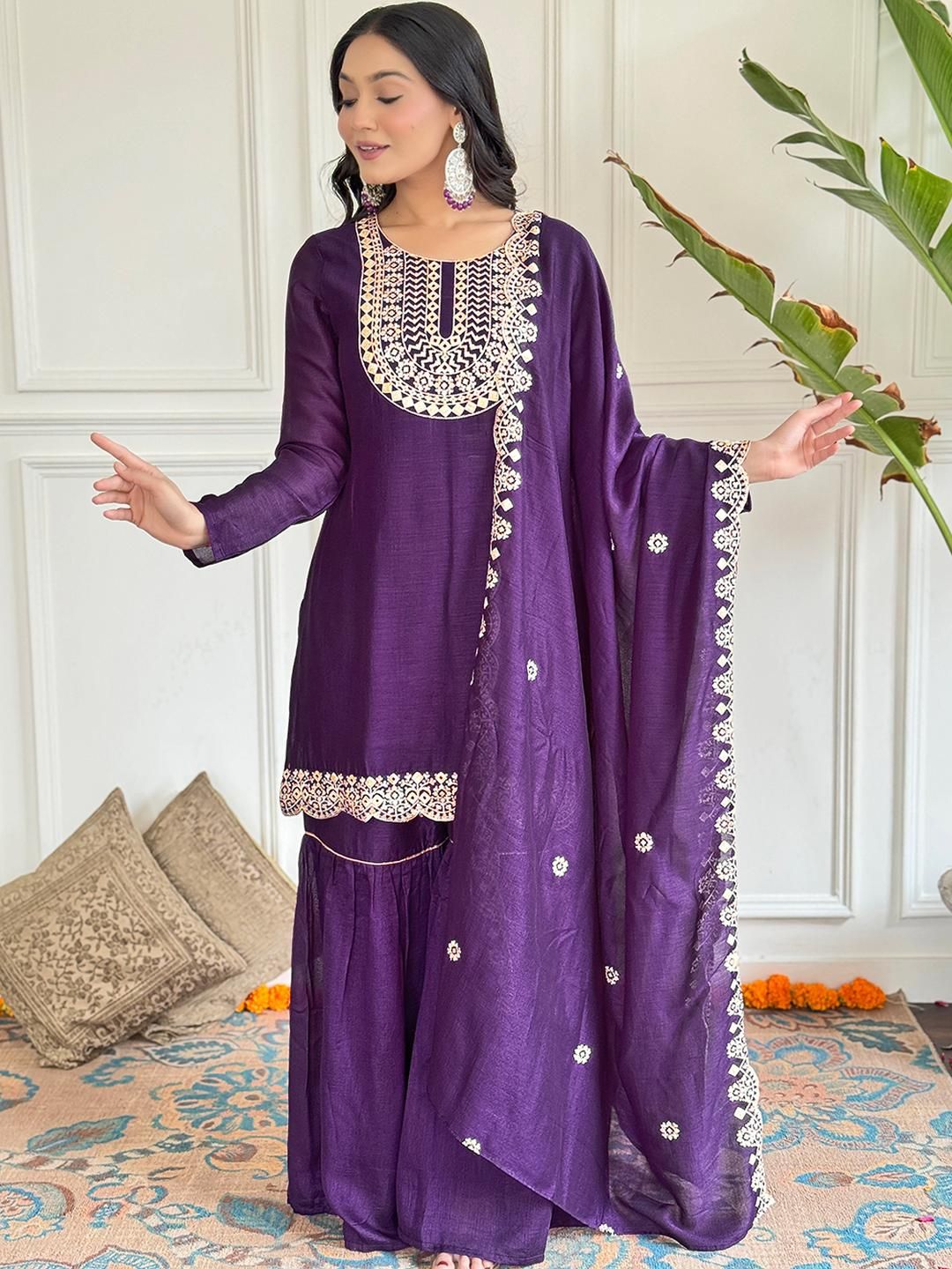 CaniBani Purple Silk Blend Kurta Sets