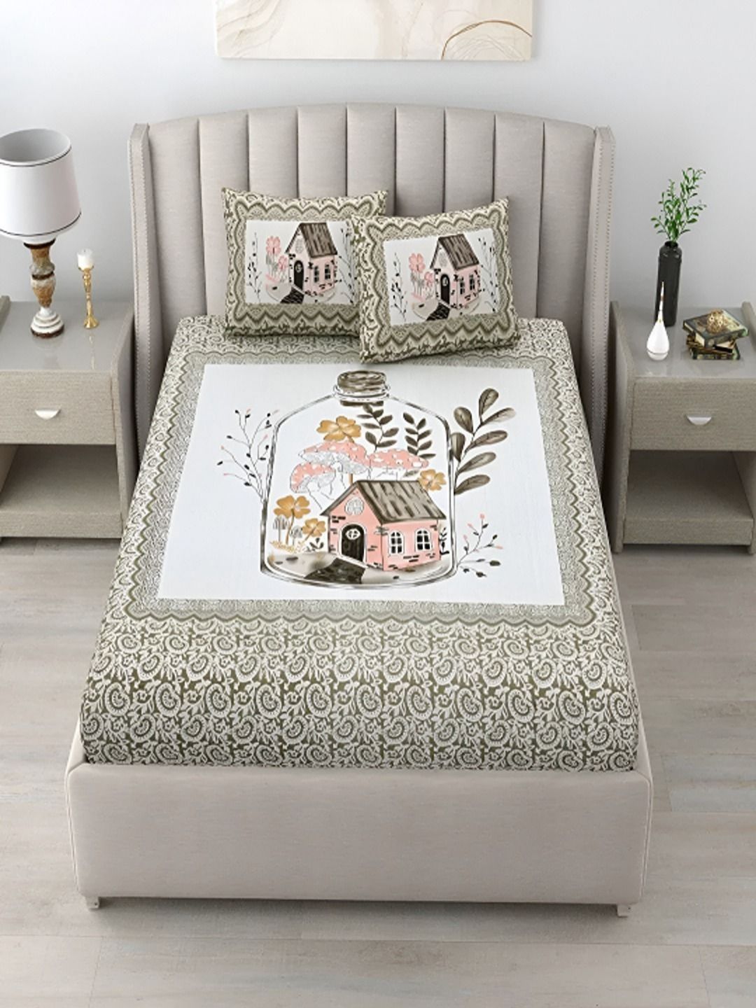 Bombay Spreads Brown & White Printed Cotton 180 TC King Bedsheet Set 2.74 m x 2.25 m-picture-16