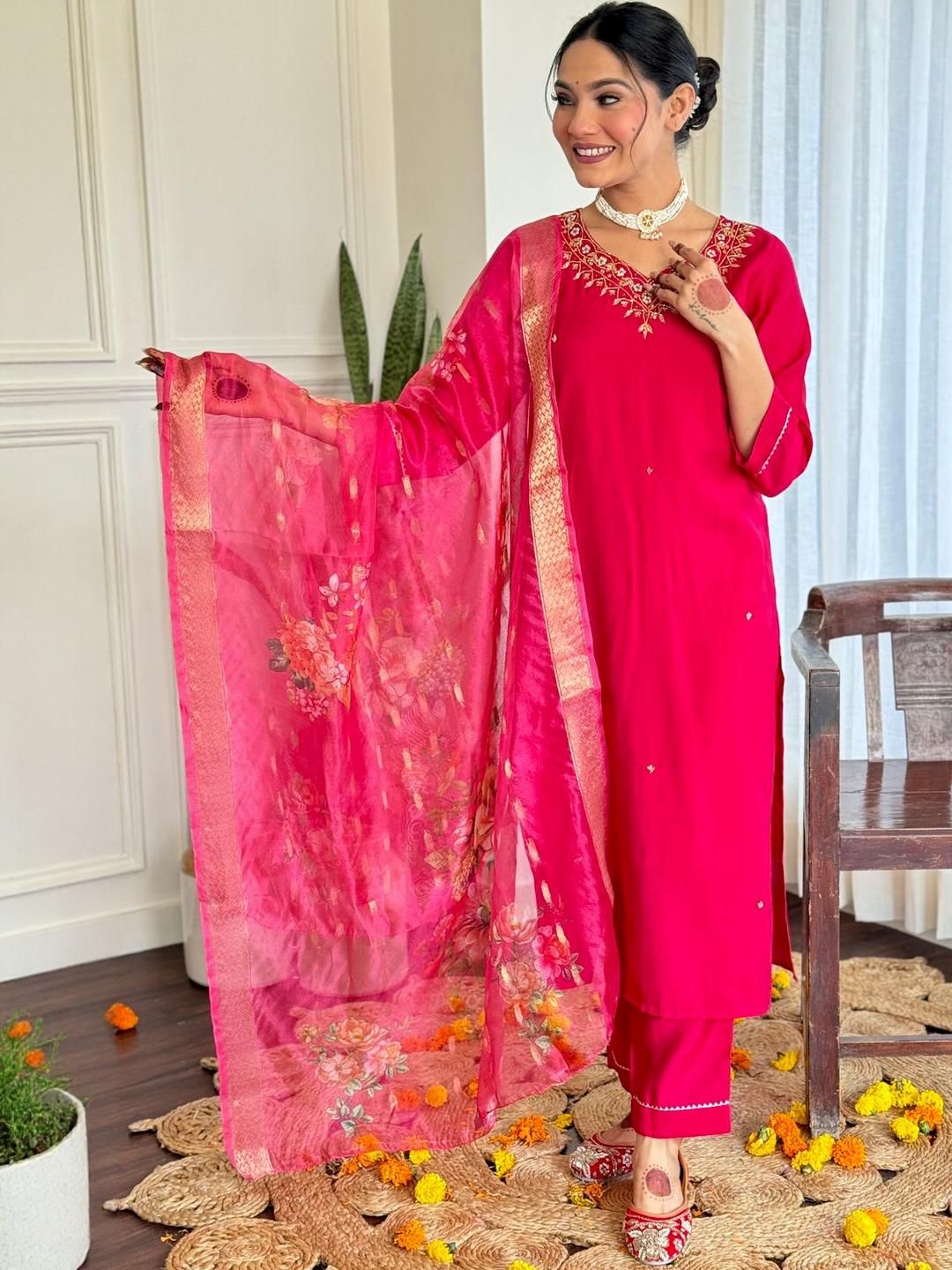 CaniBani Pink Chanderi Silk Kurta Sets