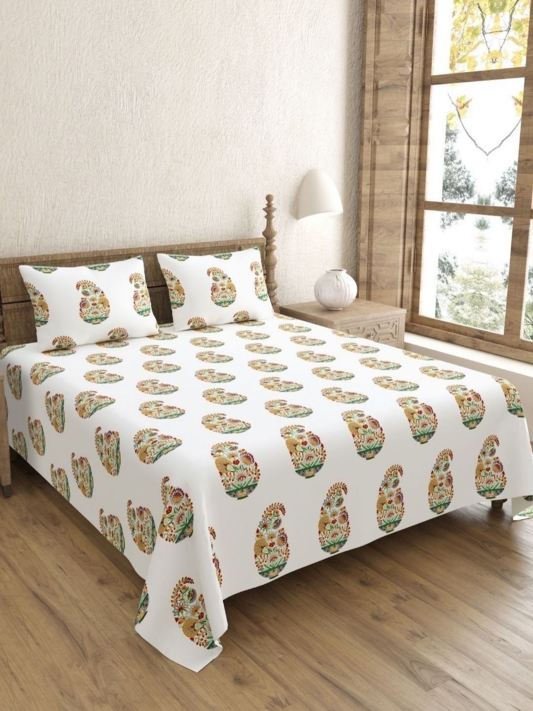 Myntra Elegant Homes White Floral Printed 250 TC Cotton King Bedsheet 2.74 m x 2.74 m-picture-36