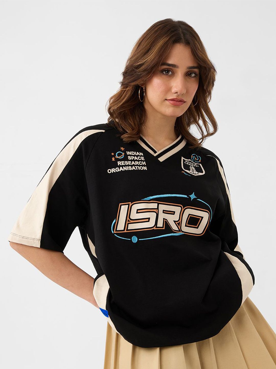 The Souled Store Women ISRO Typography Printed V-Neck Pure Cotton Oversized T-shirt