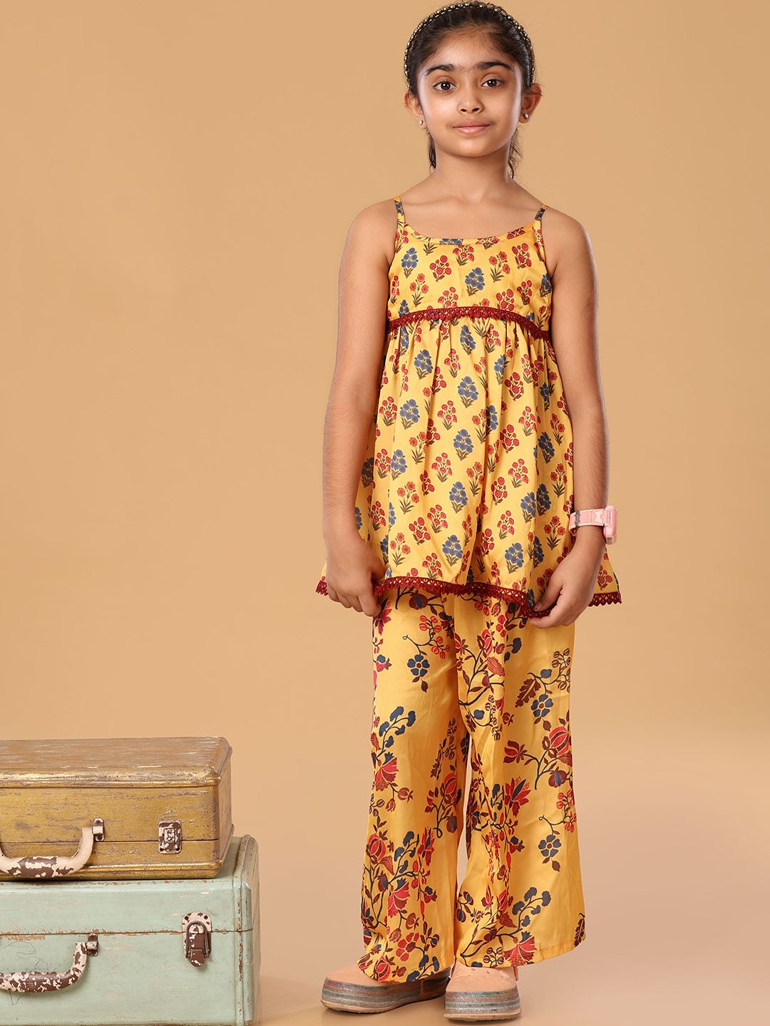 The Mini Trunk Girls Floral Printed Shoulder Strap Anarkali Kurti With Palazzos-picture-15