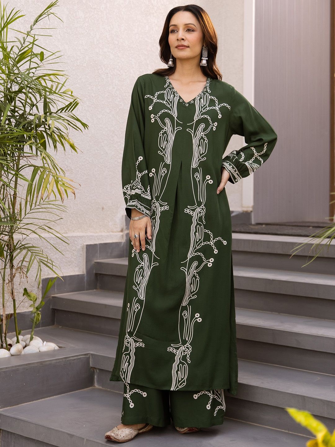 KALINI Women Printed Regular Beads and Stones Kurta with Palazzos
