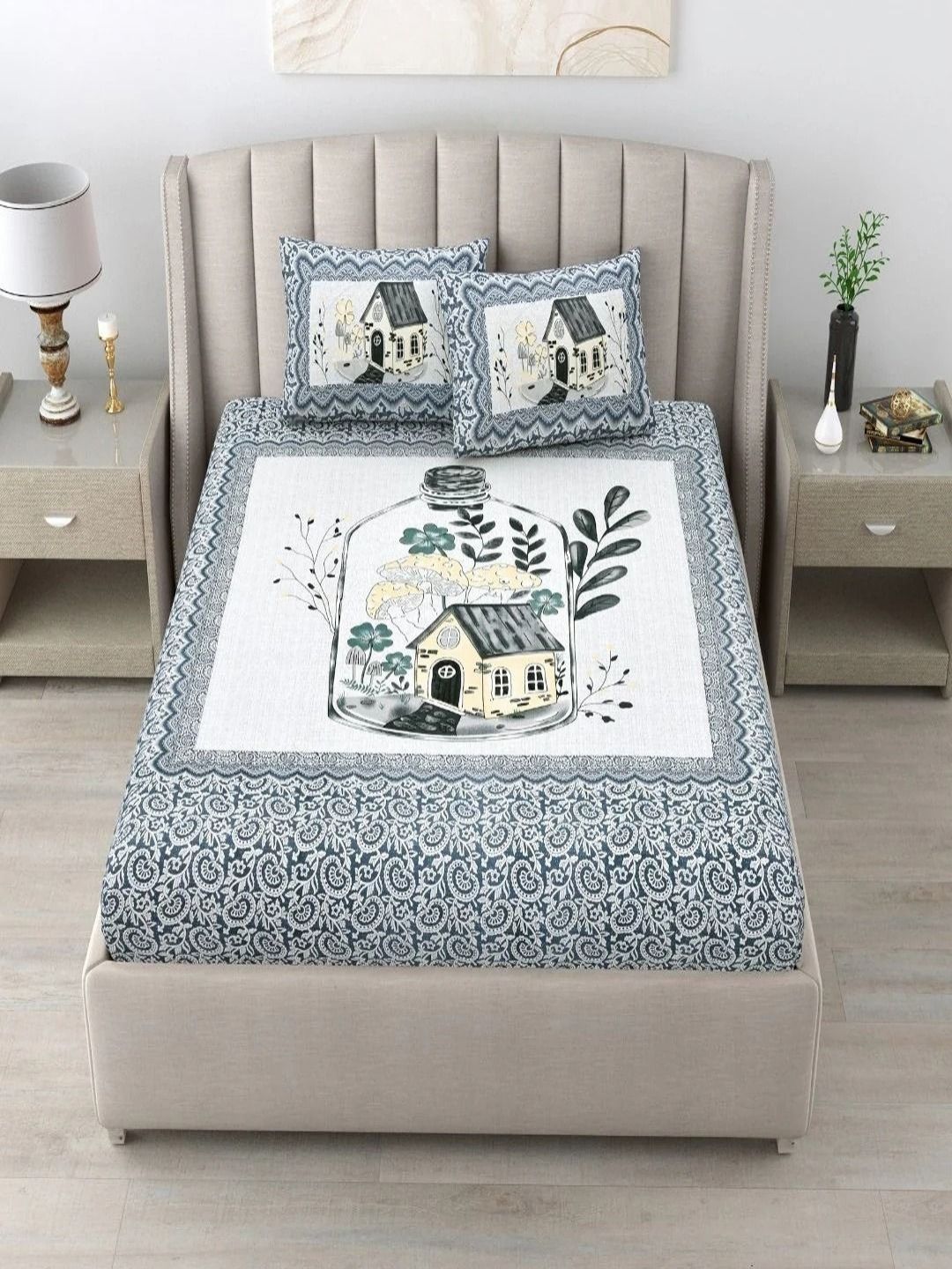 Bombay Spreads Grey Floral Printed Cotton 180 TC King Bedsheet Set 2.74 m x 2.25 m-picture-34
