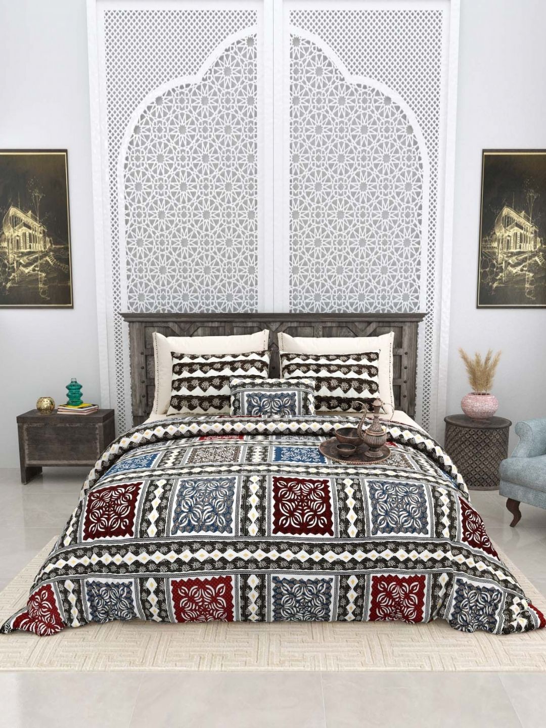 Aura Blue & White Ethnic Motifs 180 TC King Bedsheet with 2 Pillow Covers-picture-10