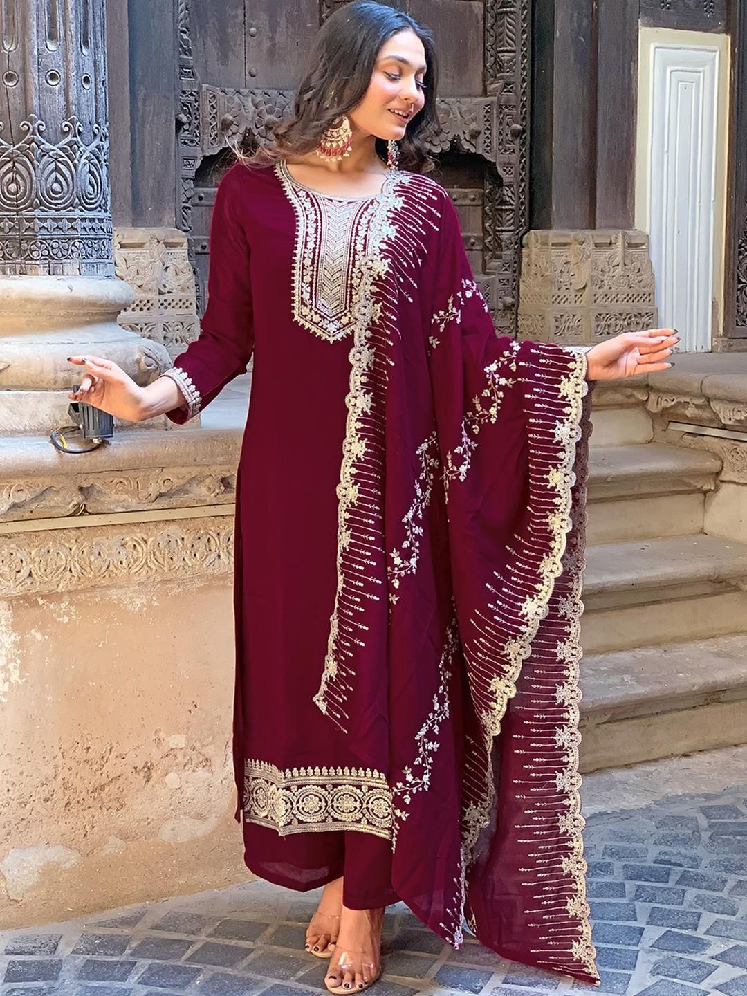 CaniBani Maroon Silk Blend Kurta Sets