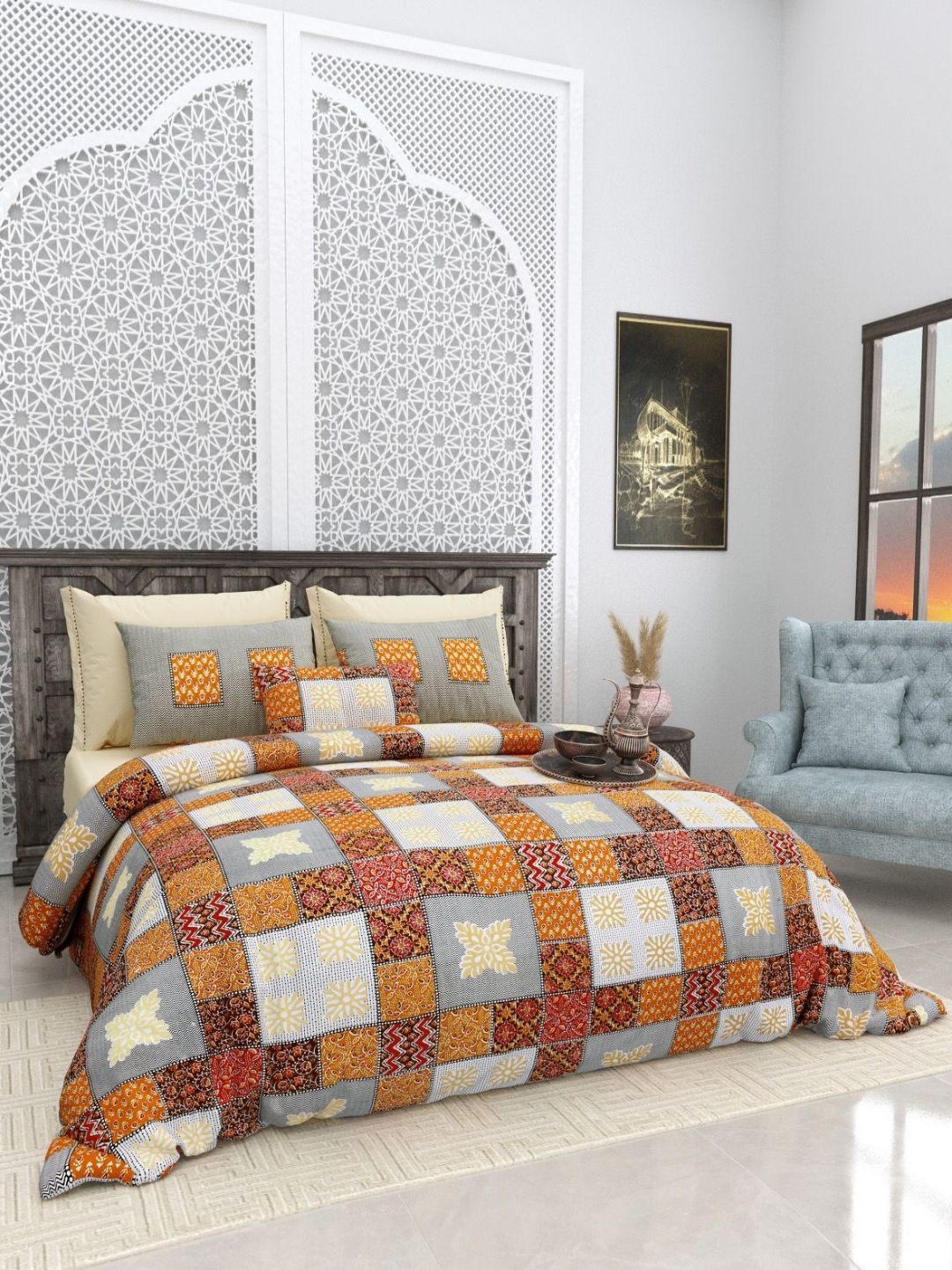 Aura Orange Ethnic Motifs 180 TC King Bedsheet with 2 Pillow Covers-picture-14