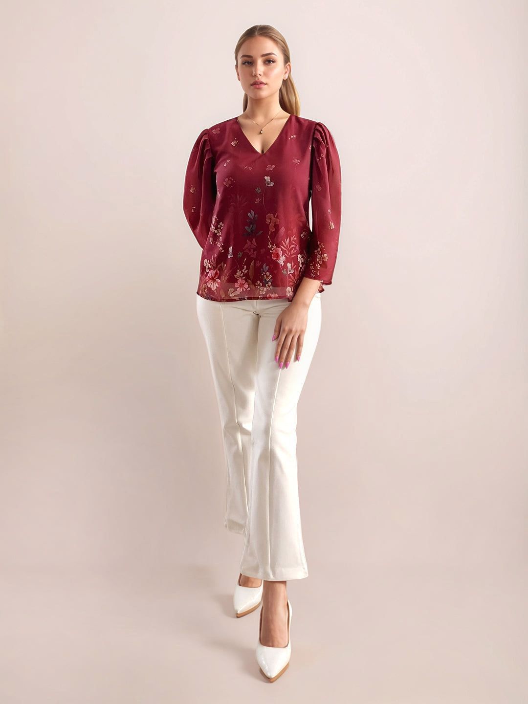 Zink London Women Maroon Floral Prints Full Sleeves Top-picture-1