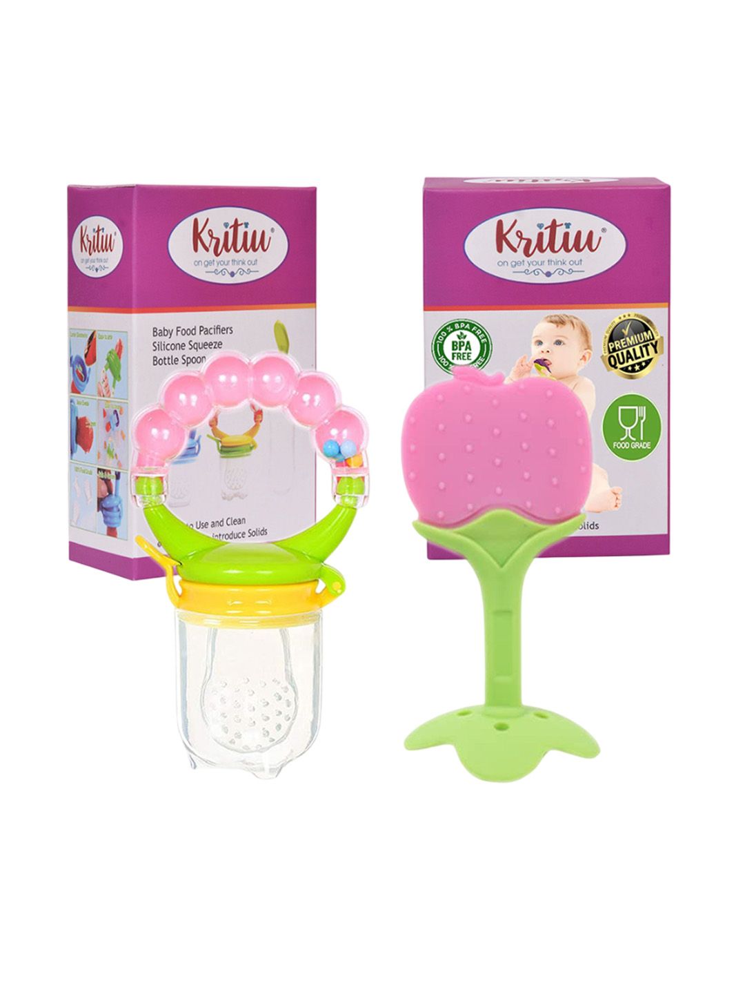 Kritiu Set Of 3 Silicone Fruit Feeder & Fruit Teether- Orange & Pink-image-2