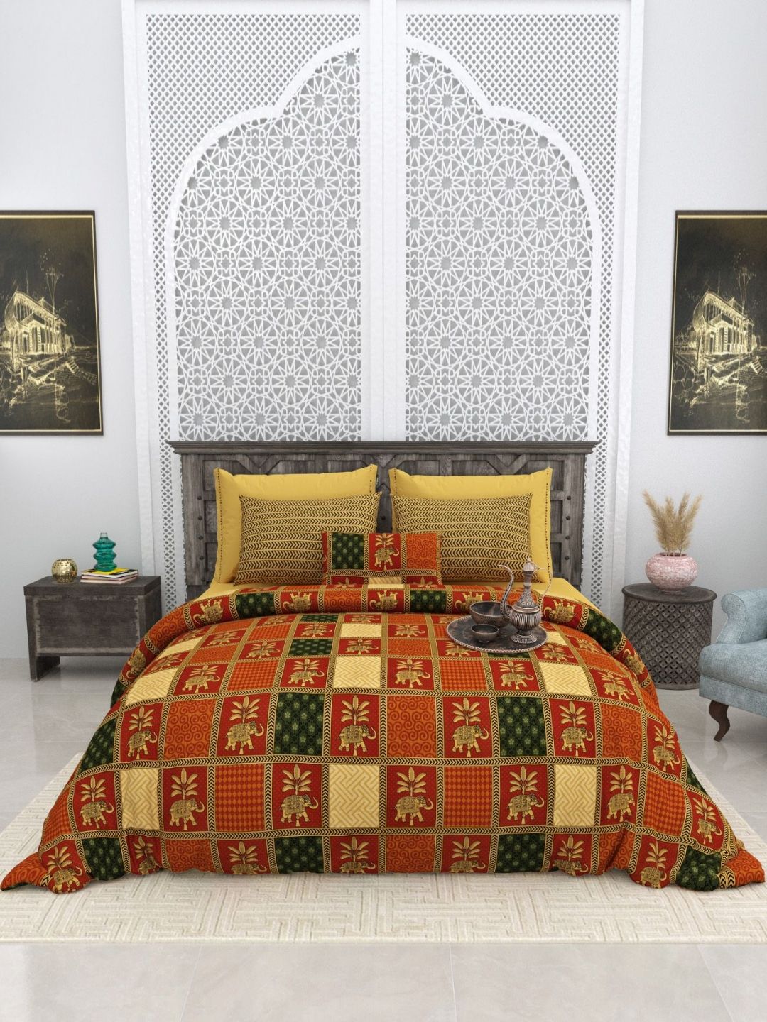 Aura Orange & Green Ethnic Motifs 180 TC King Bedsheet with 2 Pillow Covers-picture-41