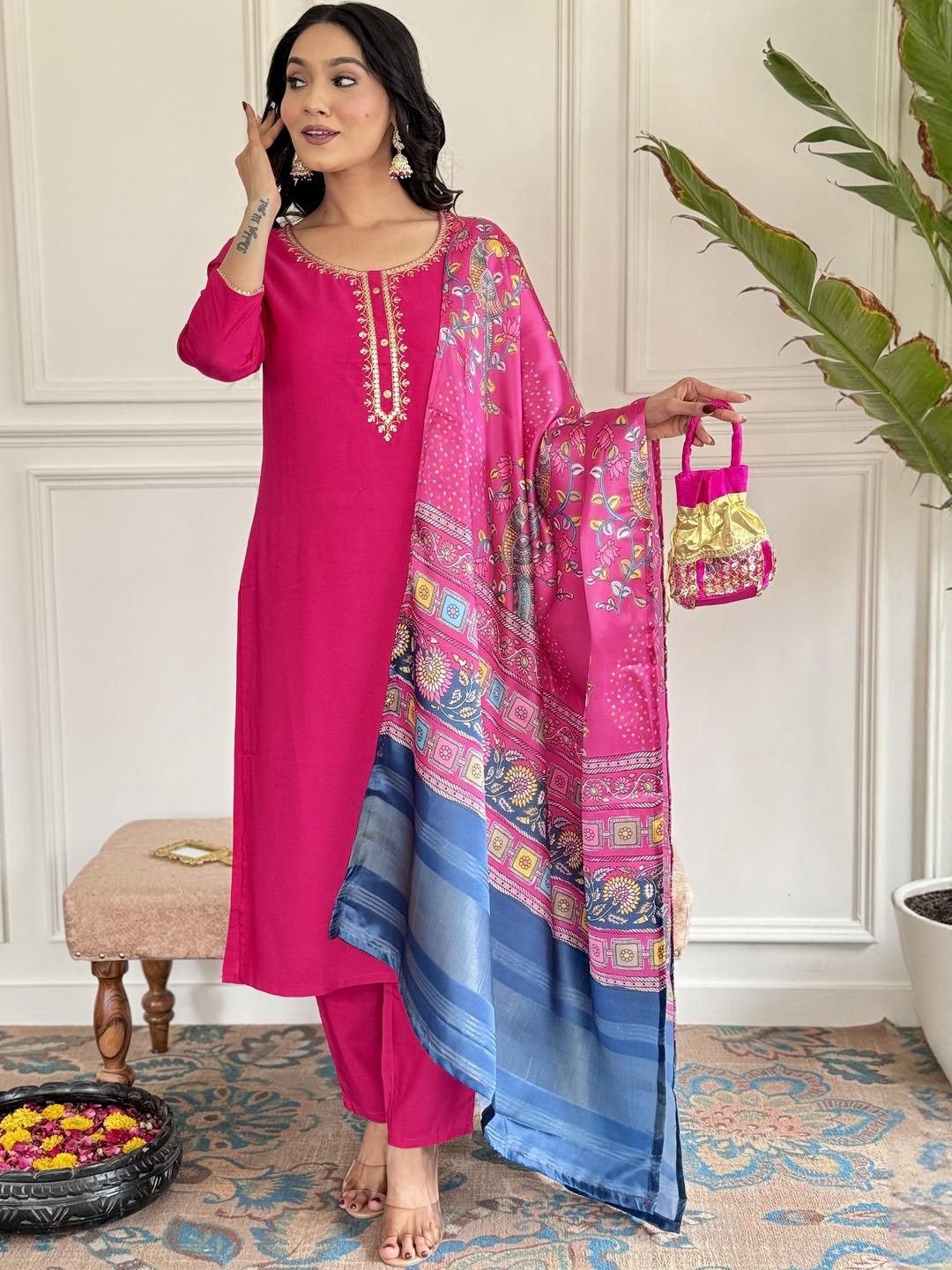 CaniBani Pink Silk Blend Kurta Sets