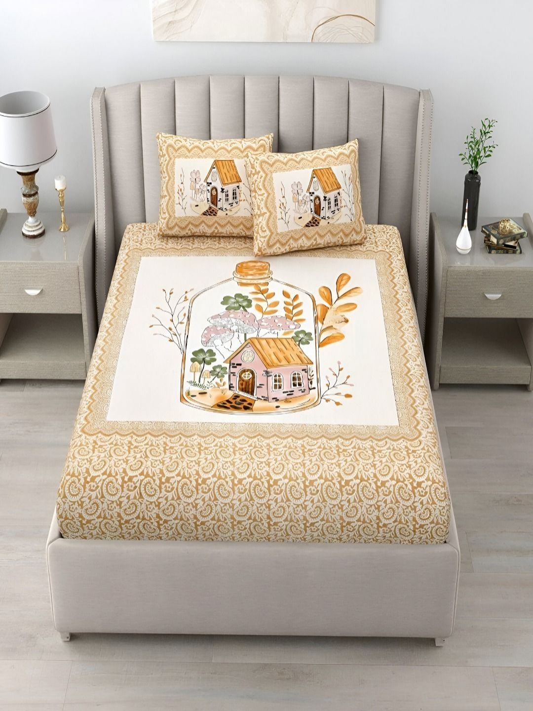 Bombay Spreads Orange Colored Printed Cotton 180 TC King Bedsheet Set 2.74 m x 2.25 m-picture-18
