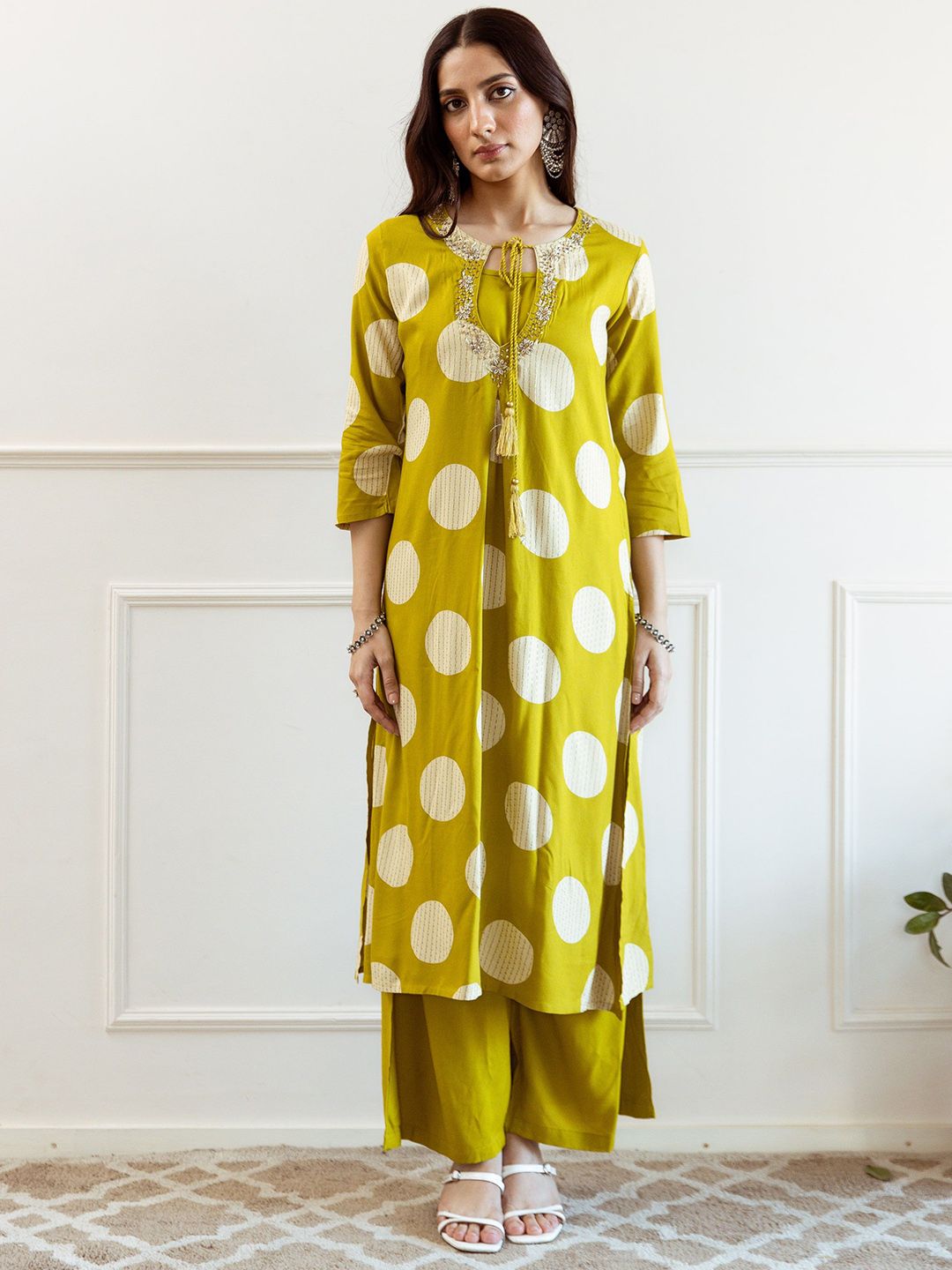 KALINI Women Printed Regular Beads and Stones Kurta with Palazzos