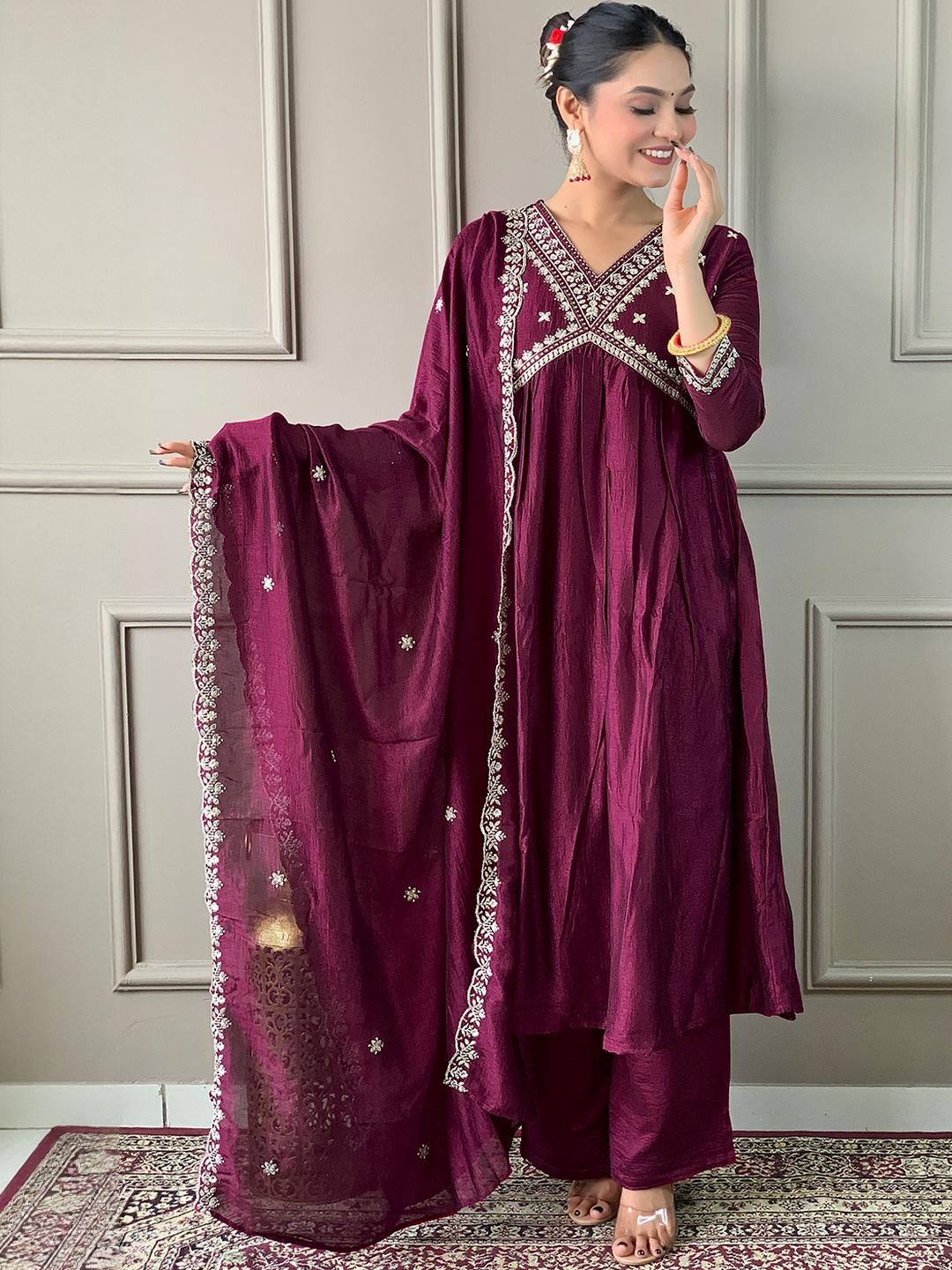 CaniBani Maroon Silk Blend Kurta Sets