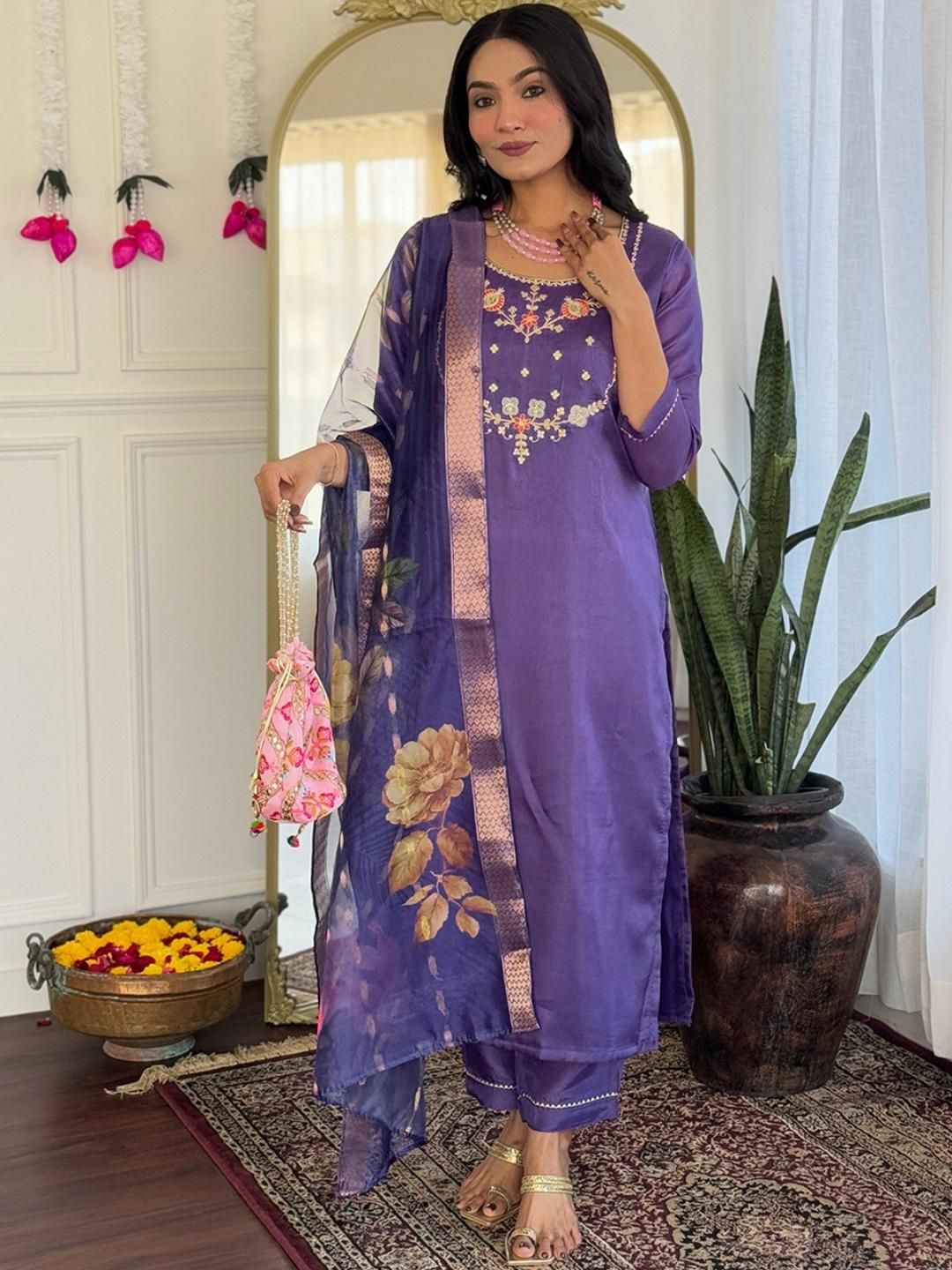 CaniBani Purple Chanderi Silk Kurta Sets