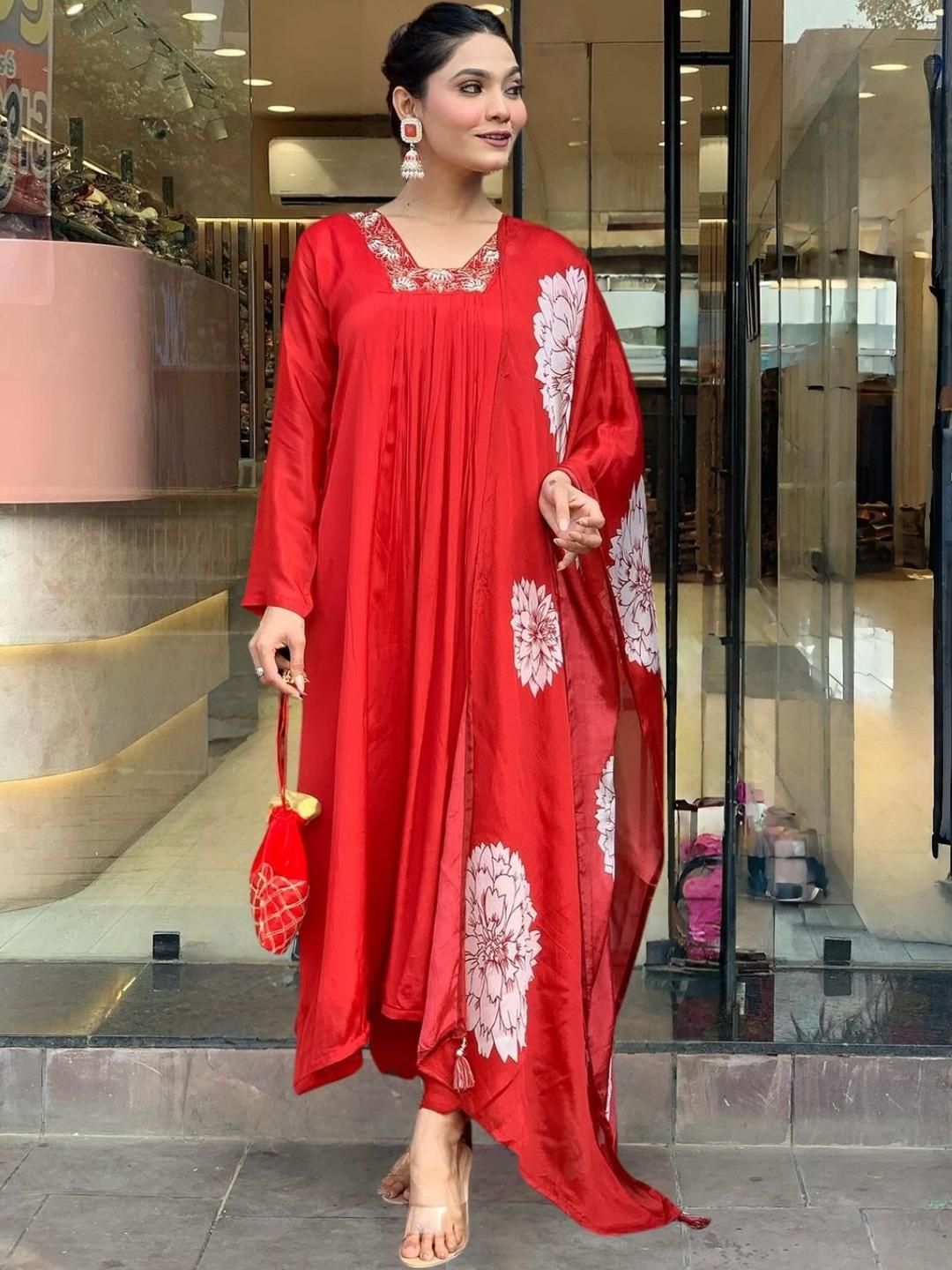 CaniBani Red Chinon Kurta Sets