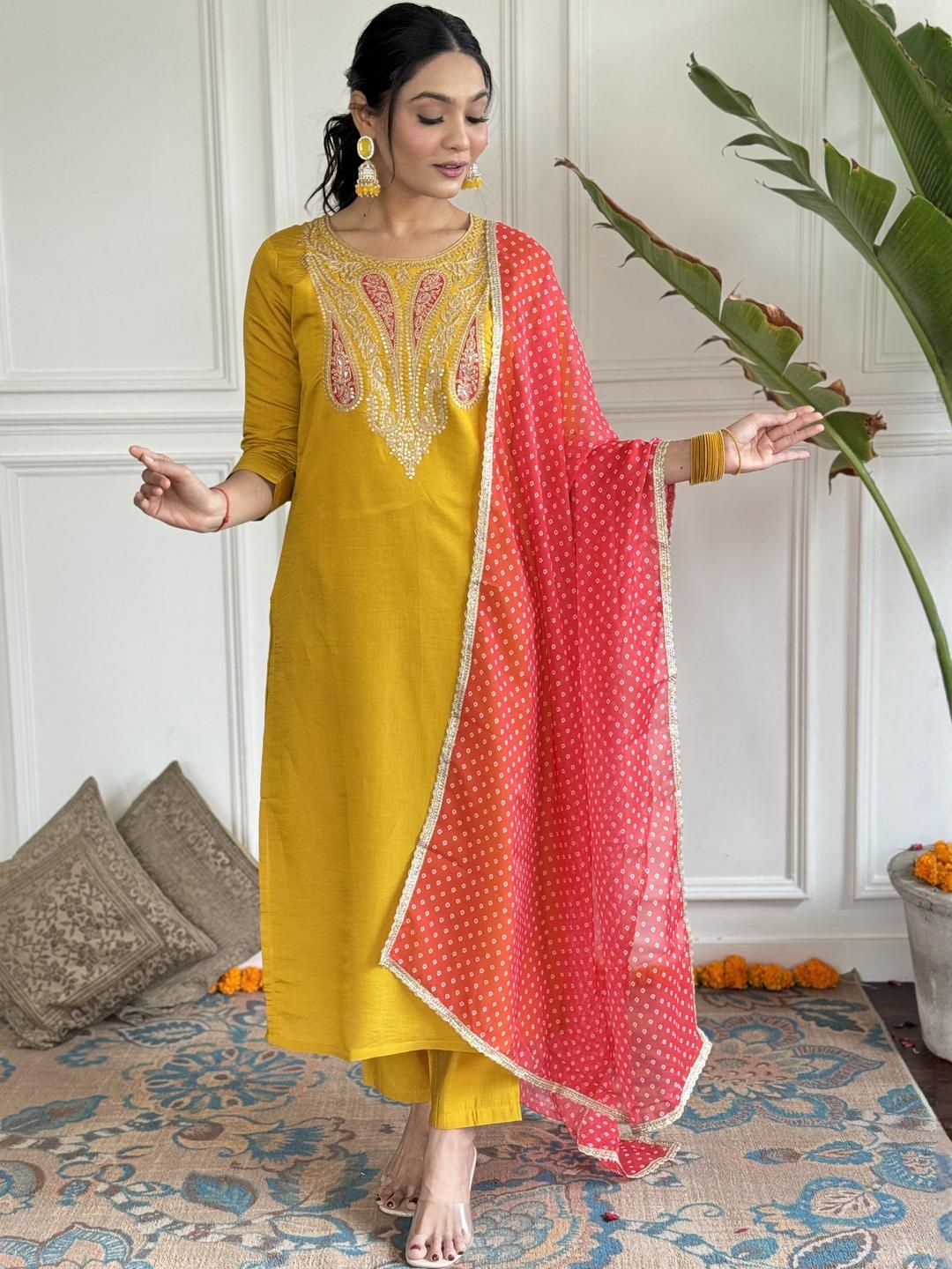 CaniBani Yellow Viscose Rayon Kurta Sets
