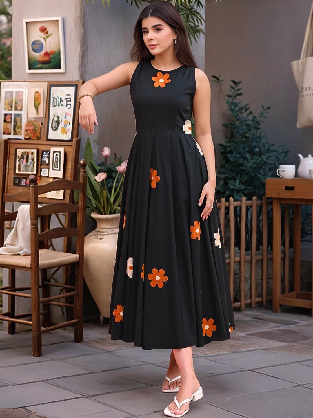 Black Tiered Flared Viscose Rayon Women's Dress