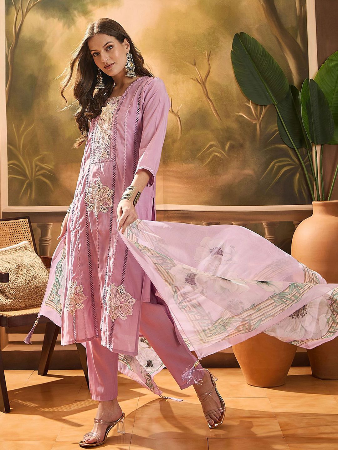 Stylum Women Ethnic Motifs Emboridered Pure Silk Kurta with Trousers & With Dupatta
