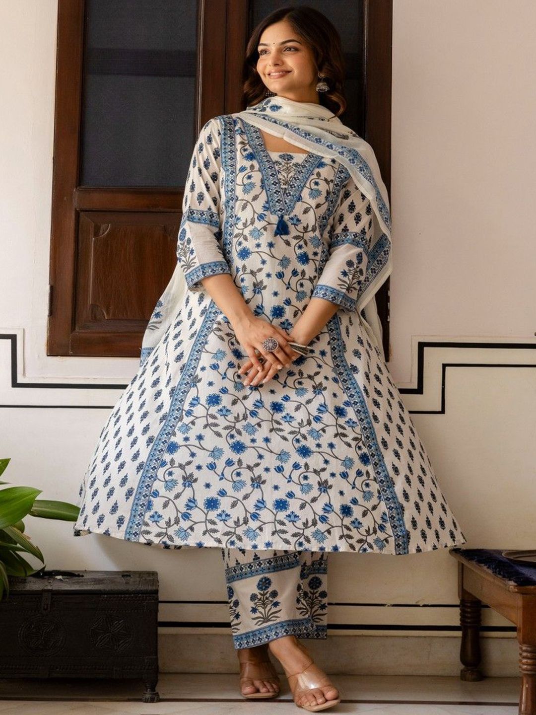 Anouk Women Floral Printed Cotton Kurta with Palazzo & Dupatta