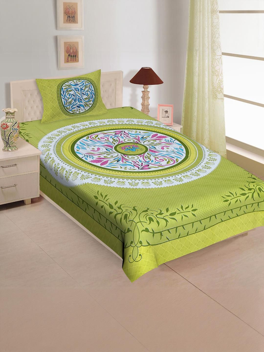 Jaipuri Printed Single Bed Bedsheet with Pillow Cover-image-3