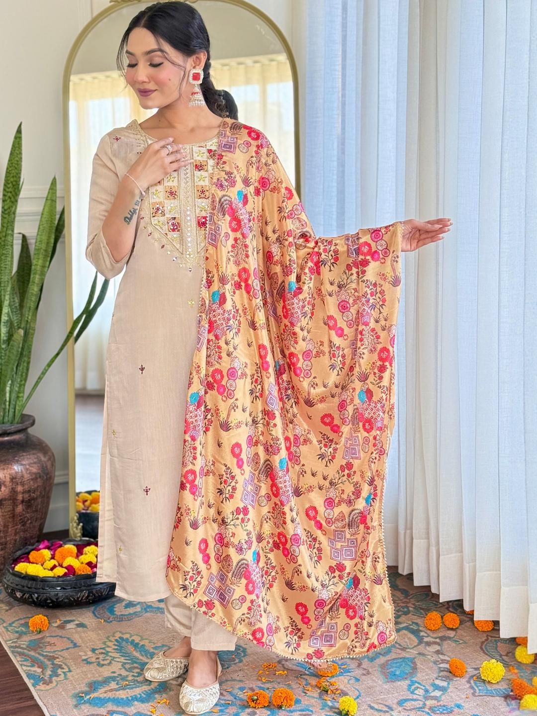 CaniBani Beige Viscose Rayon Kurta Sets