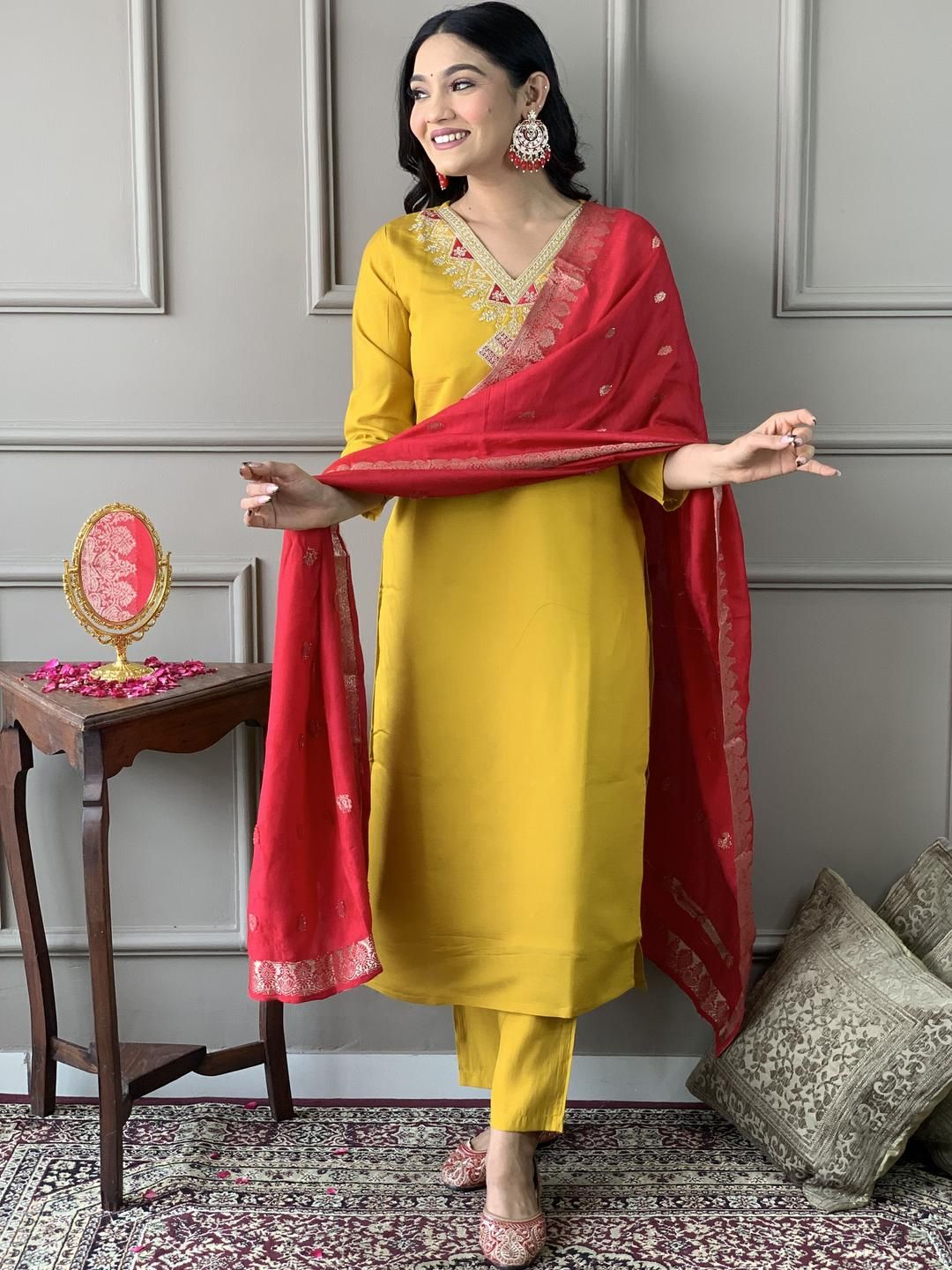 CaniBani Yellow Silk Blend Kurta Sets